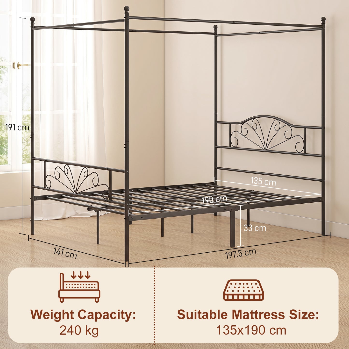 HOMCOM Canopy Bed Frame Double Size, Metal Platform Bed Frame with Headboard and Footboard, Underbed Storage, Black