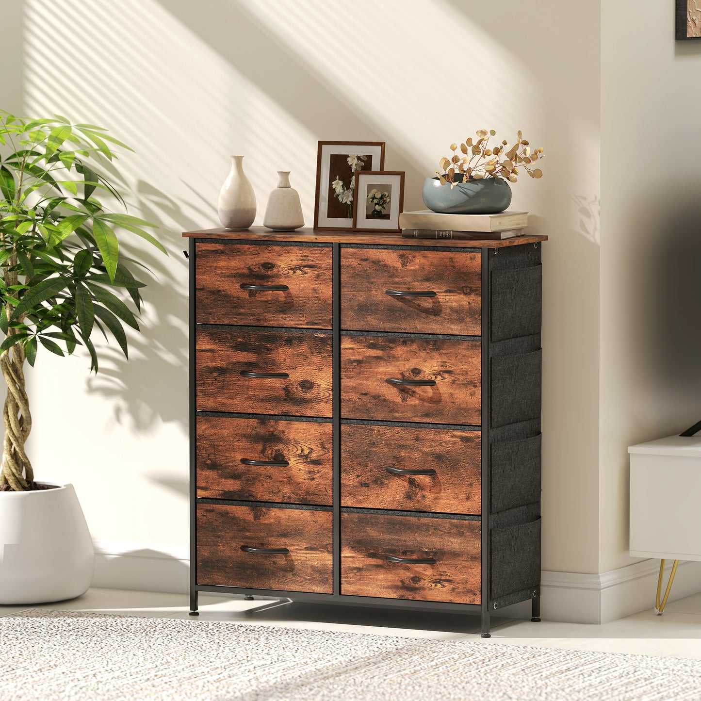 HOMCOM Chest of Eight Fabric Drawers - Rustic Brown