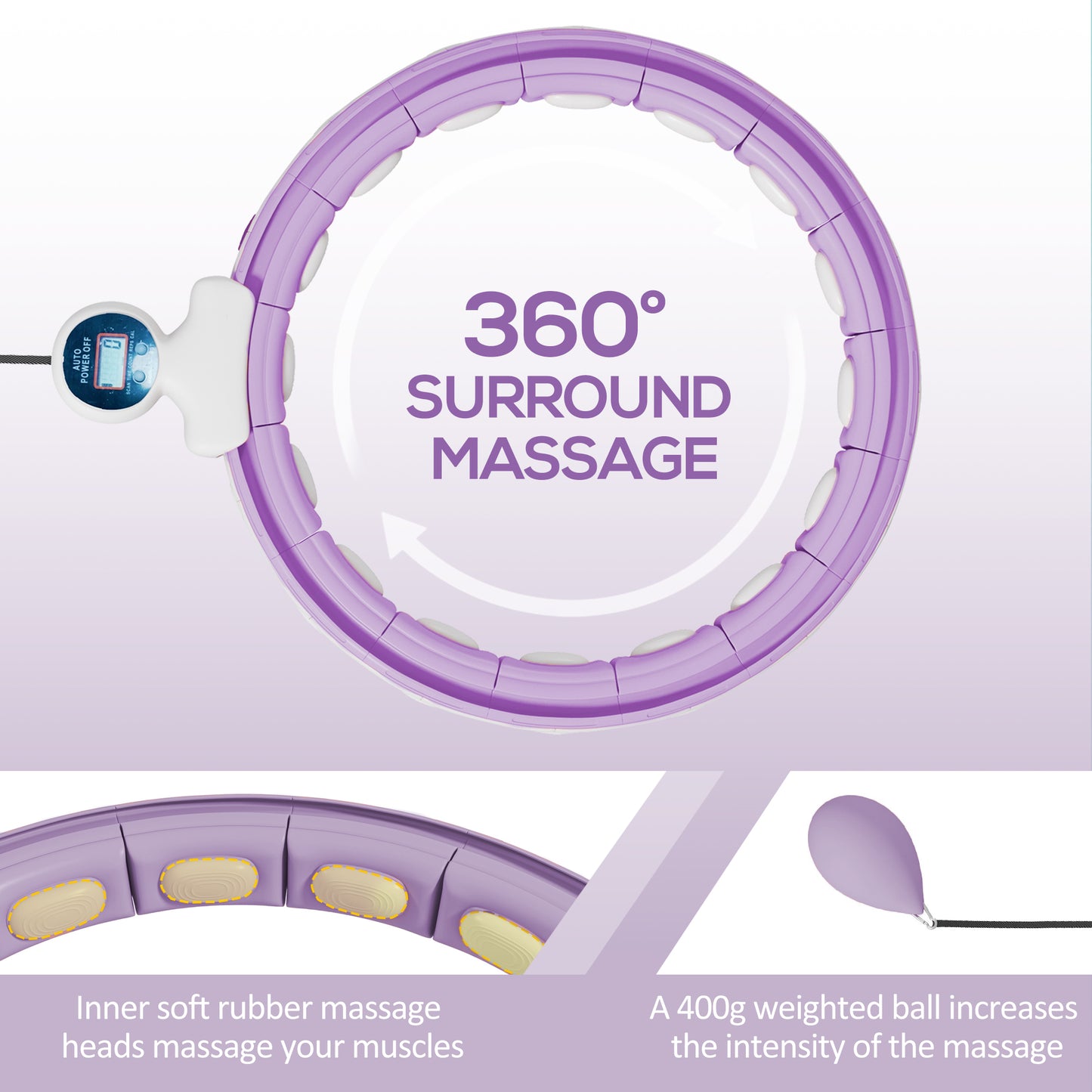 SPORTNOW Smart Weighted Hula Hoop, Massage Hula Ring w/ 16 Detachable Knots, 360Â° Auto-Rotating Ball, Digital Counter, Purple