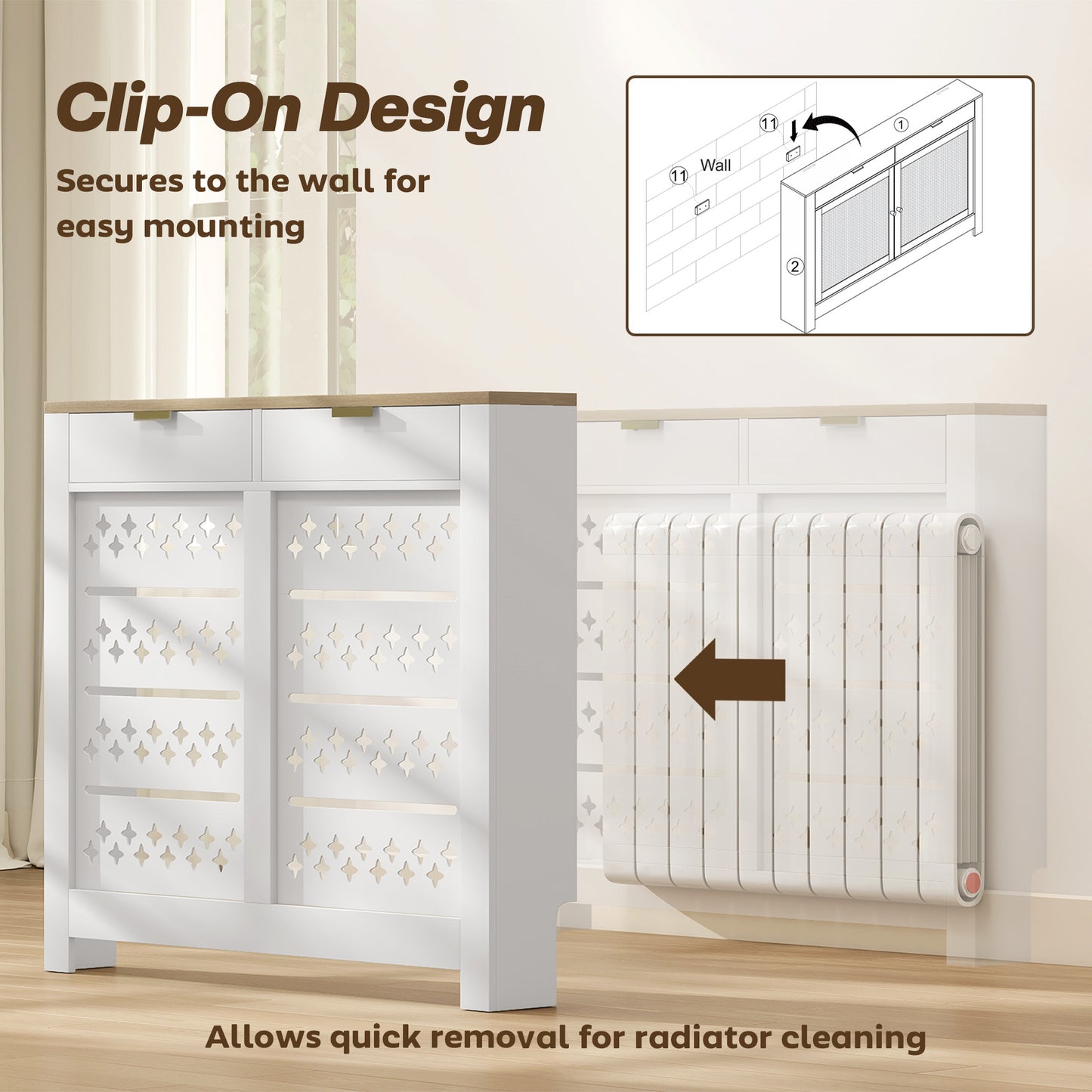 HOMCOM 108 x 19 cm Minimal Radiator Cover, with 2 Drawers - White
