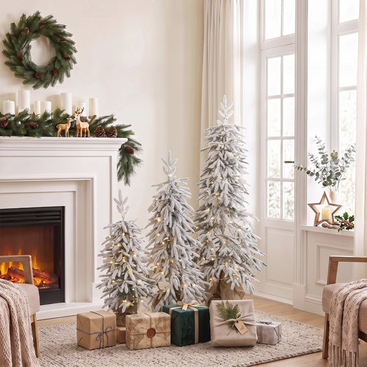 HOMCOM Prelit Flocked Artificial Christmas Tree Set of 3 Snowy Xmas Tree Warm White LED Lights (3FT+4FT+5FT)