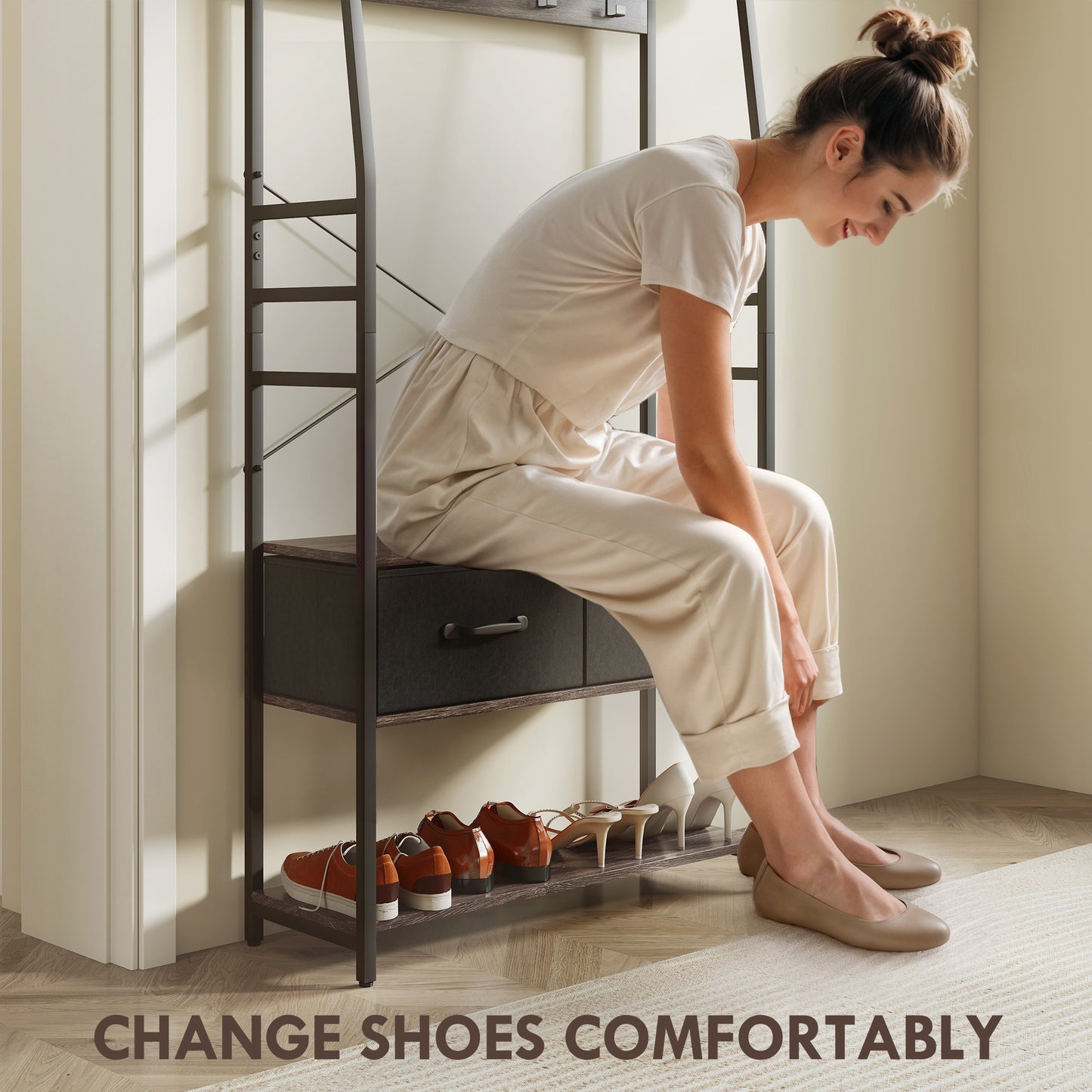 HOMCOM Coat Rack with Shoe Storage, Hall Tree, Industrial Coat Stand with Shoe Bench, 10 Removable Hooks, 2 Fabric Drawers and Clothes Rail for Entryway, Hallway, Grey