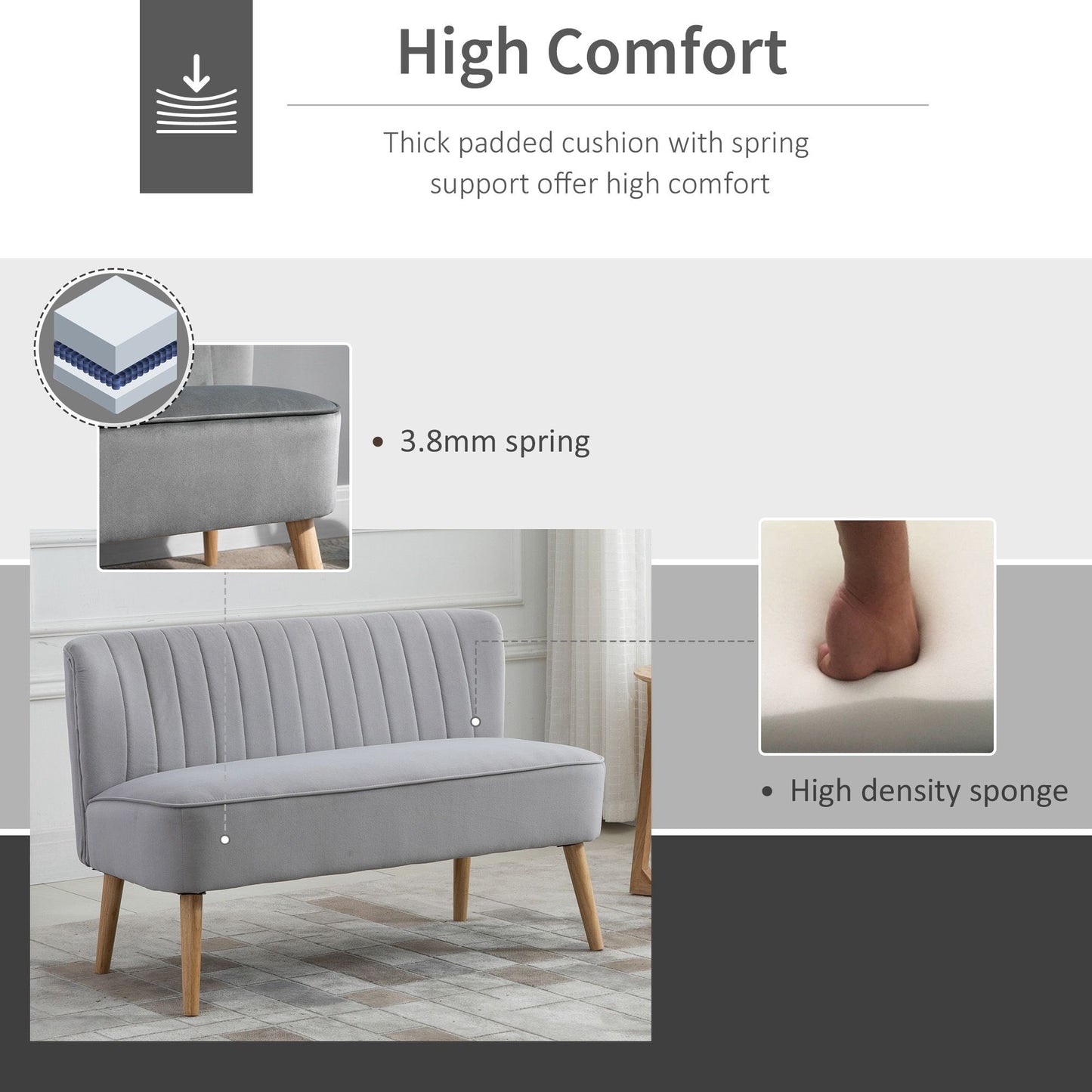 HOMCOM Modern Velvet Double Seat Sofa w/ Wood Frame Foam Padding High Back Soft Comfortable Compact Couch Light Grey