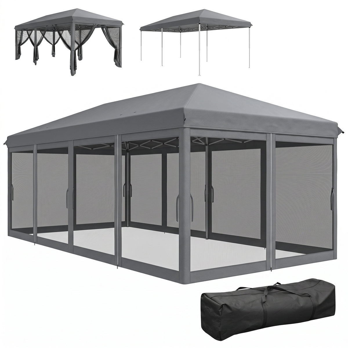 Outsunny 3 x 6m Pop Up Gazebo, Outdoor Canopy Shelter, Marquee Party Wedding Tent with 6 Mesh Walls and Carry Bag, Grey