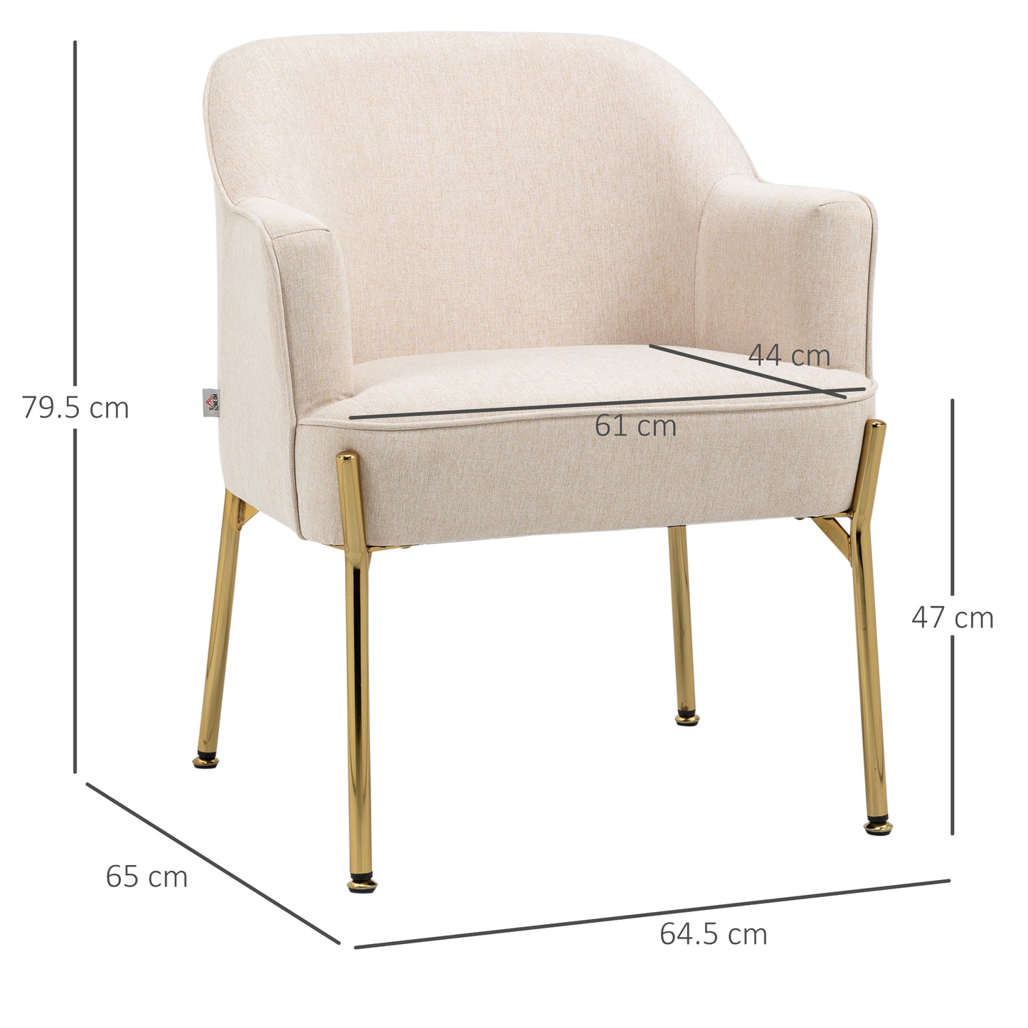 HOMCOM Accent Chair, Living Room Armchair, Vanity Chair with Gold Plating Metal Legs and Soft Padded Seat for Bedroom and CafÃ©, Set of 2, White