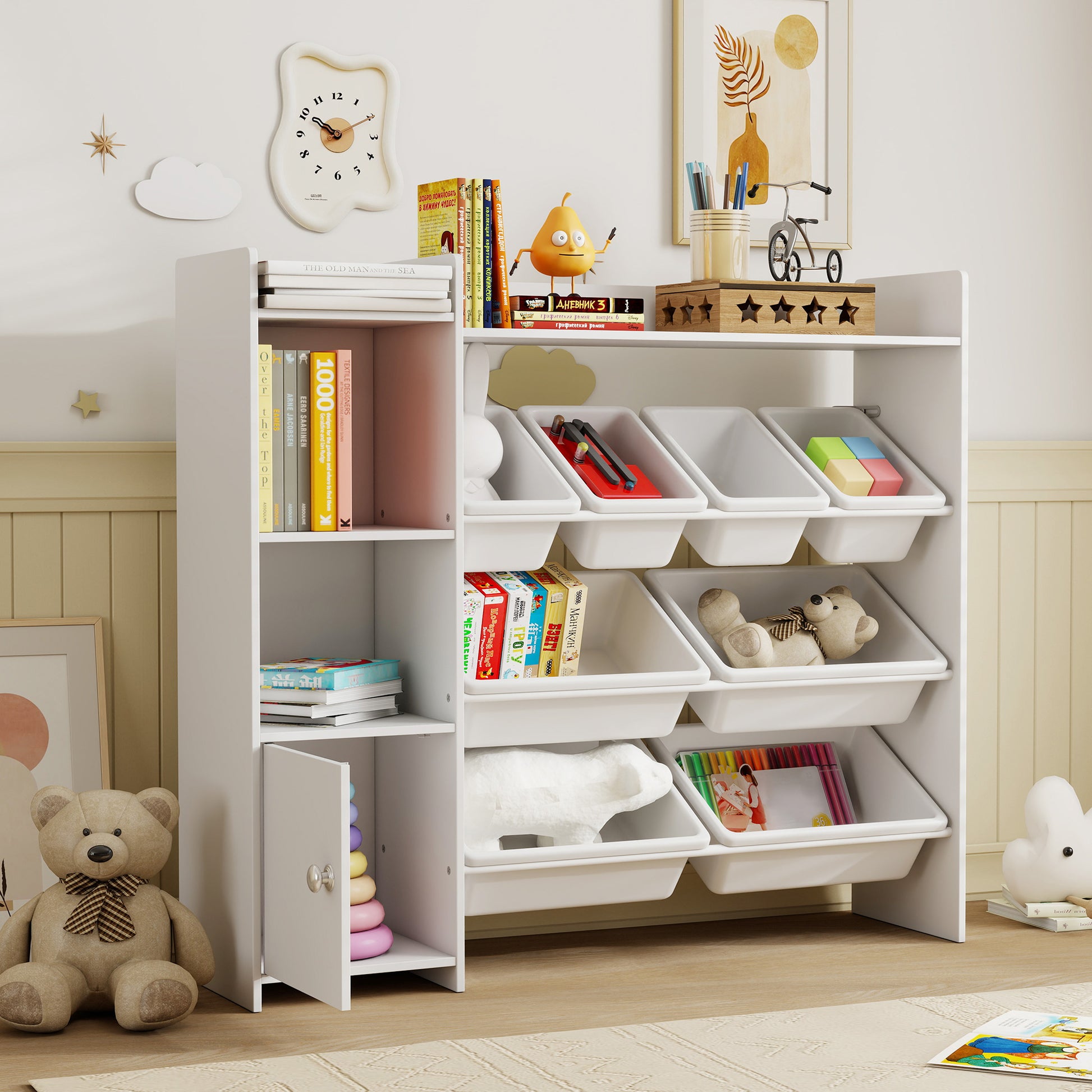 AIYAPLAY Toy Storage Unit with 8 Removable Bins, Storage Shelves, Cabinet, White