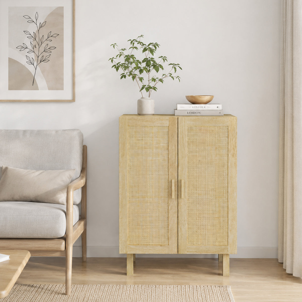 HOMCOM Sideboard Storage Cabinet, Boho Kitchen Cabinet with 2 Rattan Doors and Adjustable Shelves for Kitchen, Natural