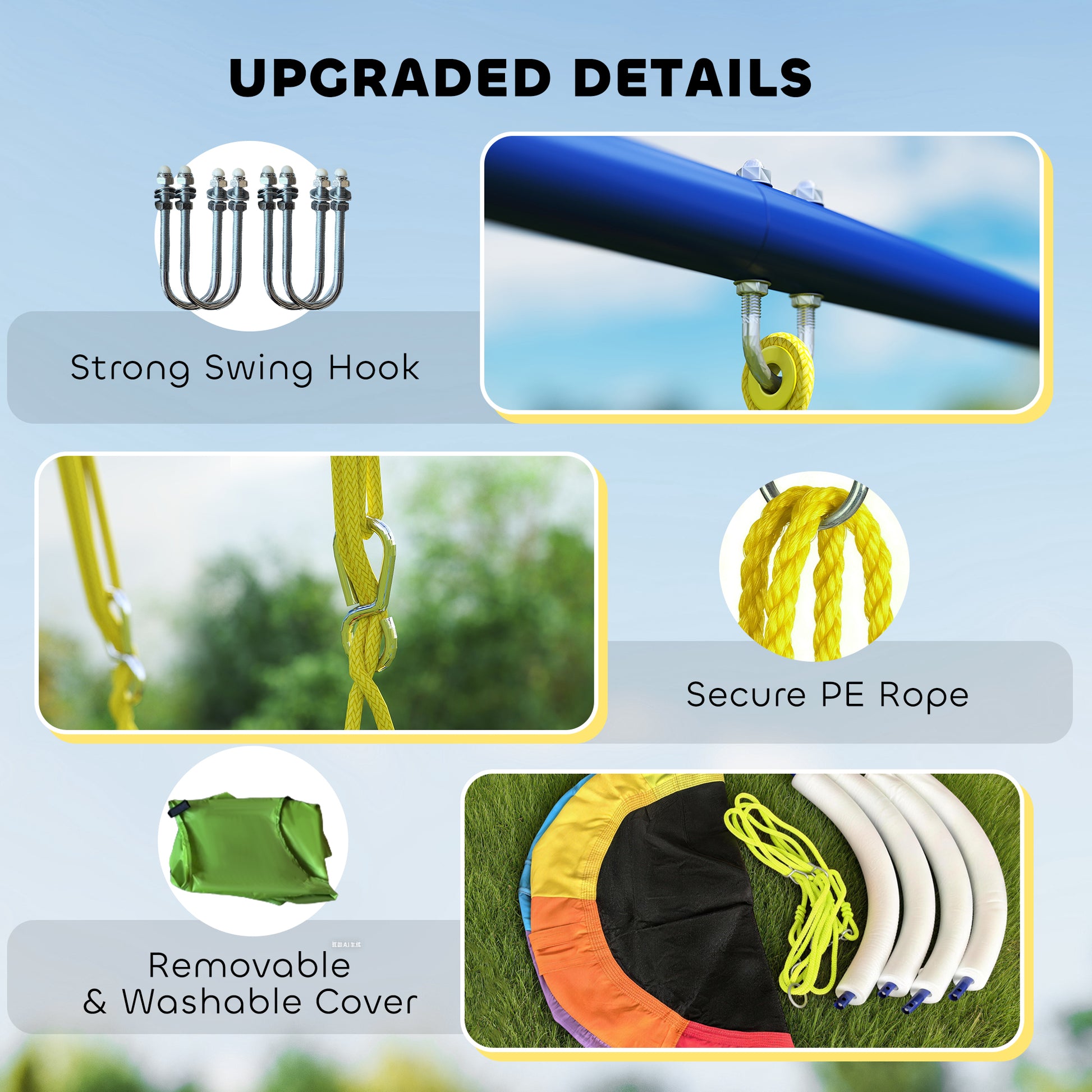 AIYAPLAY 4-in-1 Kids Swing Set with Saucer Swing, Basketball Hoop and Football Goal, Outdoor Playground Playset for Garden