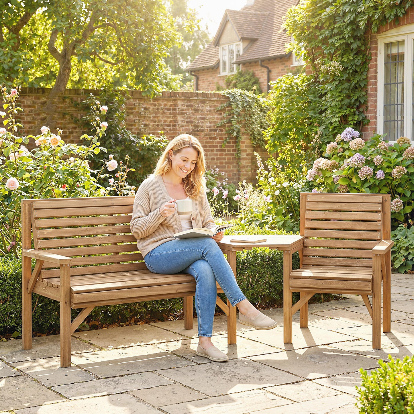 Outsunny Wooden Garden Furniture Set , 1 Chair, 1 Bench and Detachable Table, Natural Wood Finish