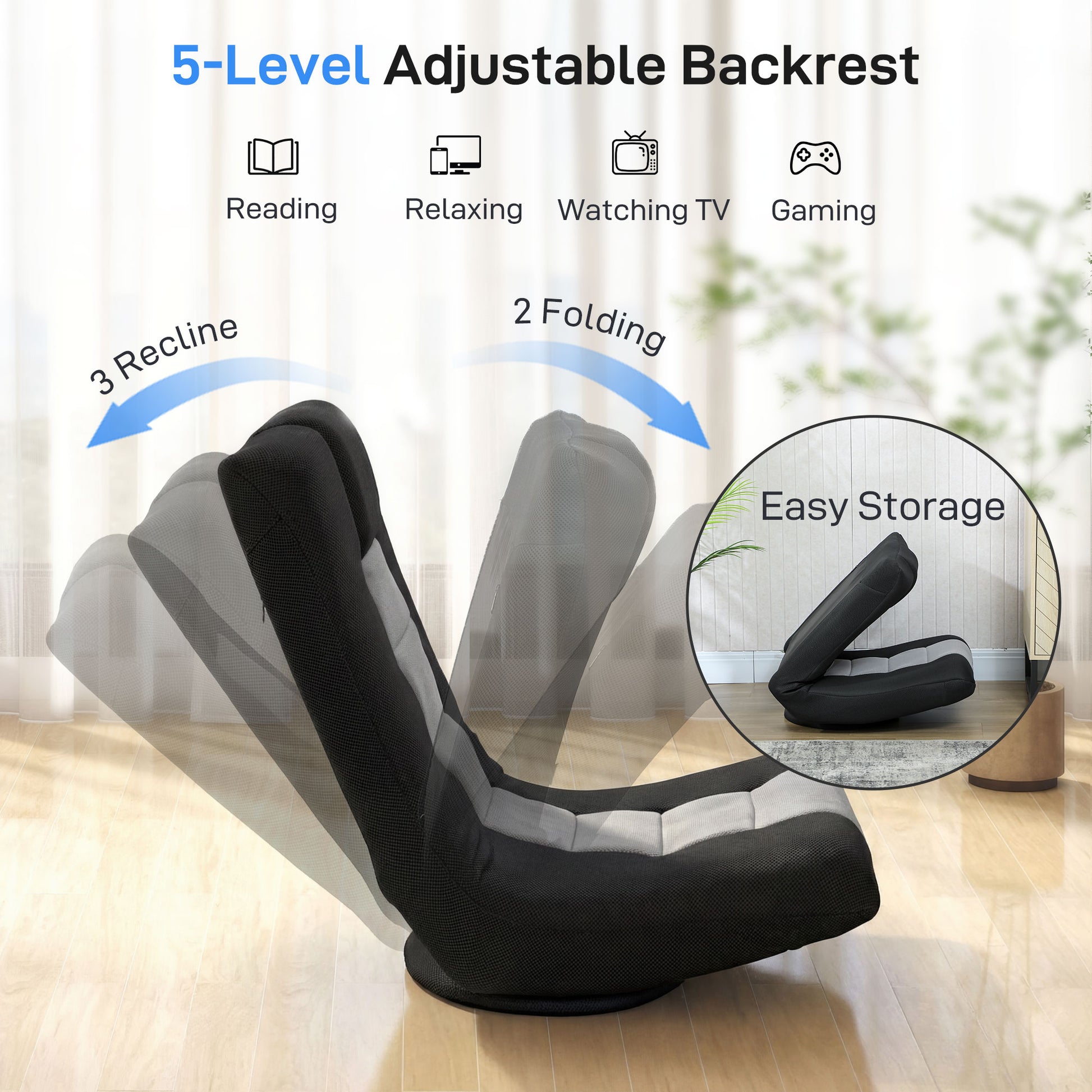 HOMCOM Floor Chair, Folding Floor Sofa with Adjustable Backrest, Wide Seat, Swivel Base, Black