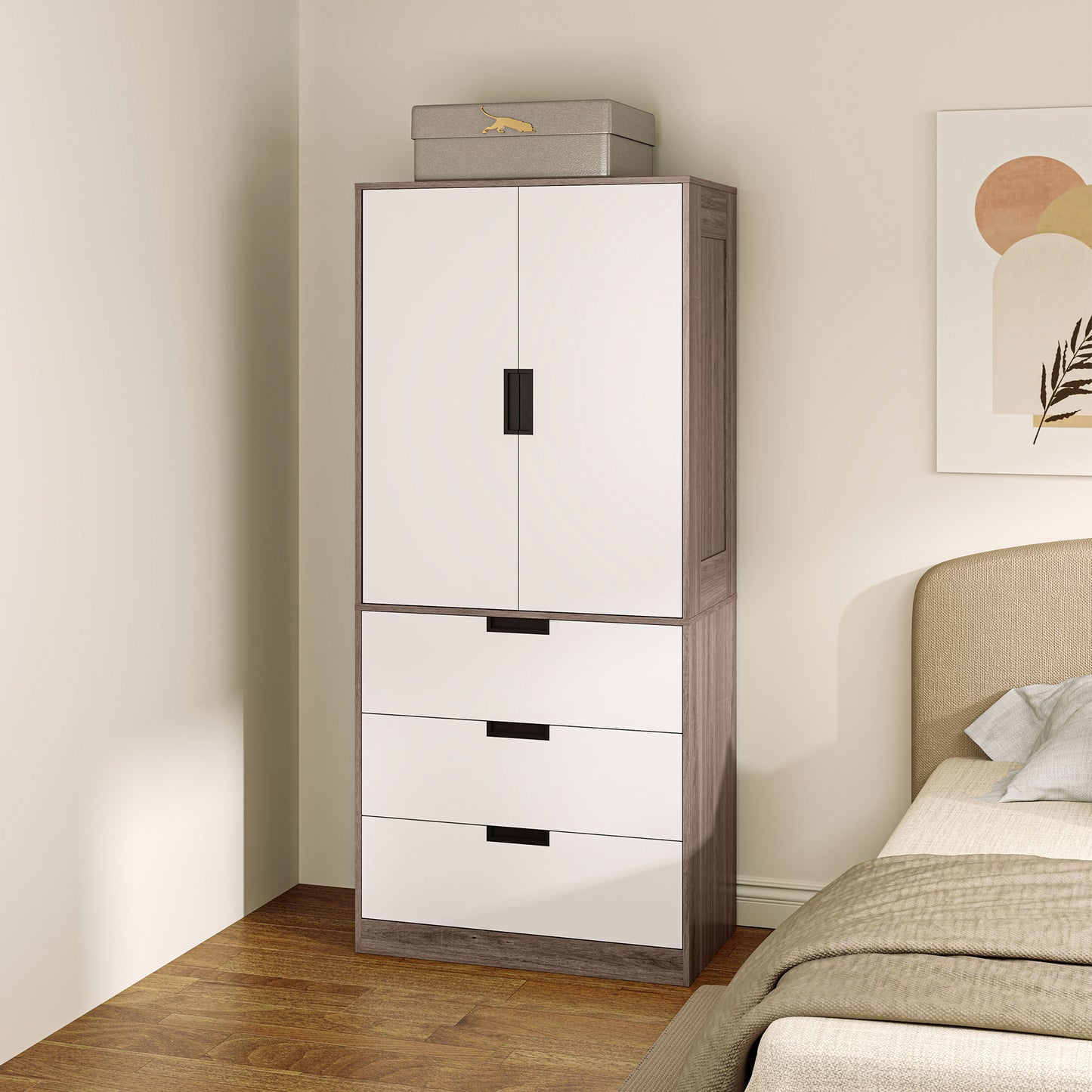 HOMCOM Two Door Wardrobe with drawers for Bedroom Use Family Use, White Brown