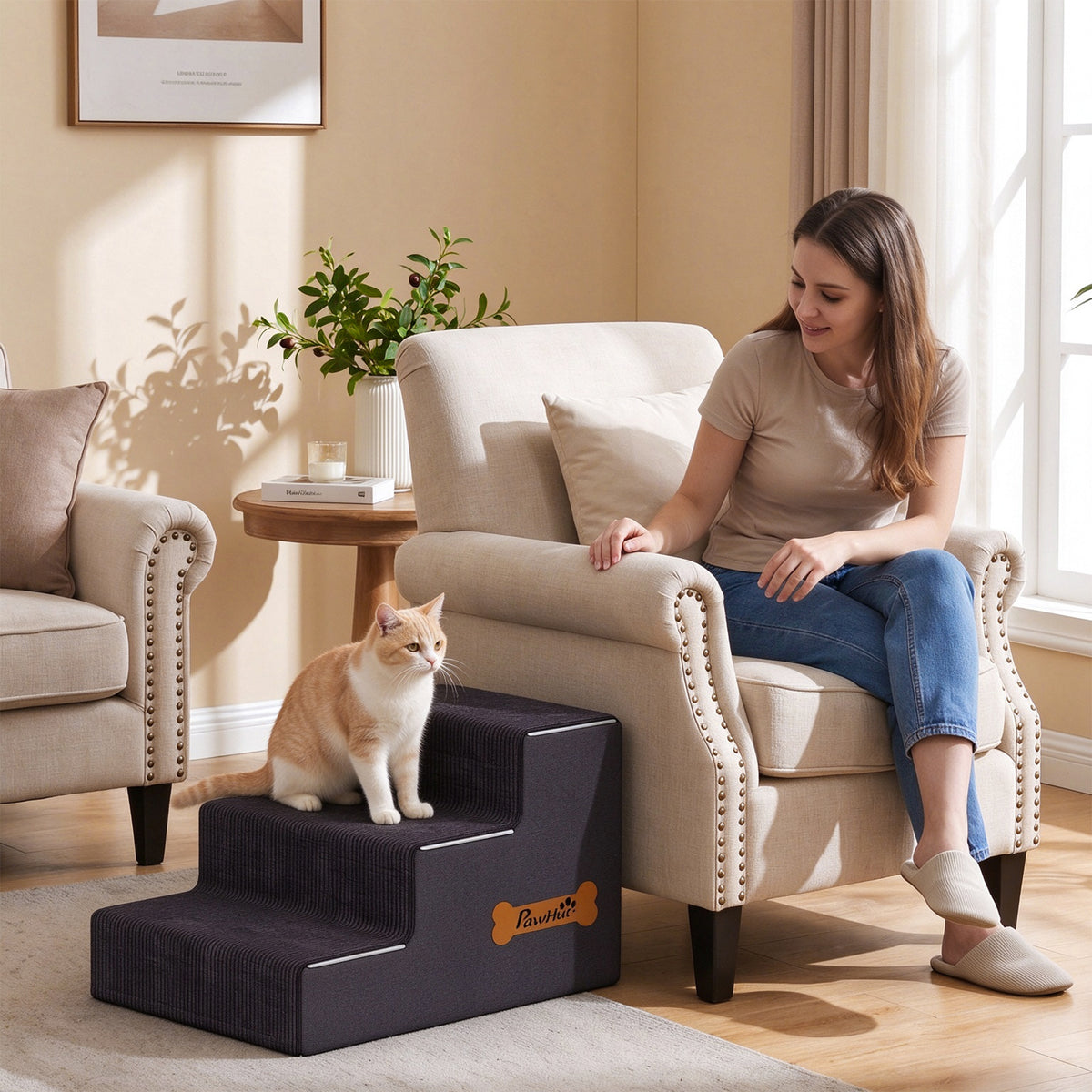 PawHut Dog Steps, 3-Step Dog Stairs for Bed and Sofa, Pet Stairs with Carry Handle, Washable Cover