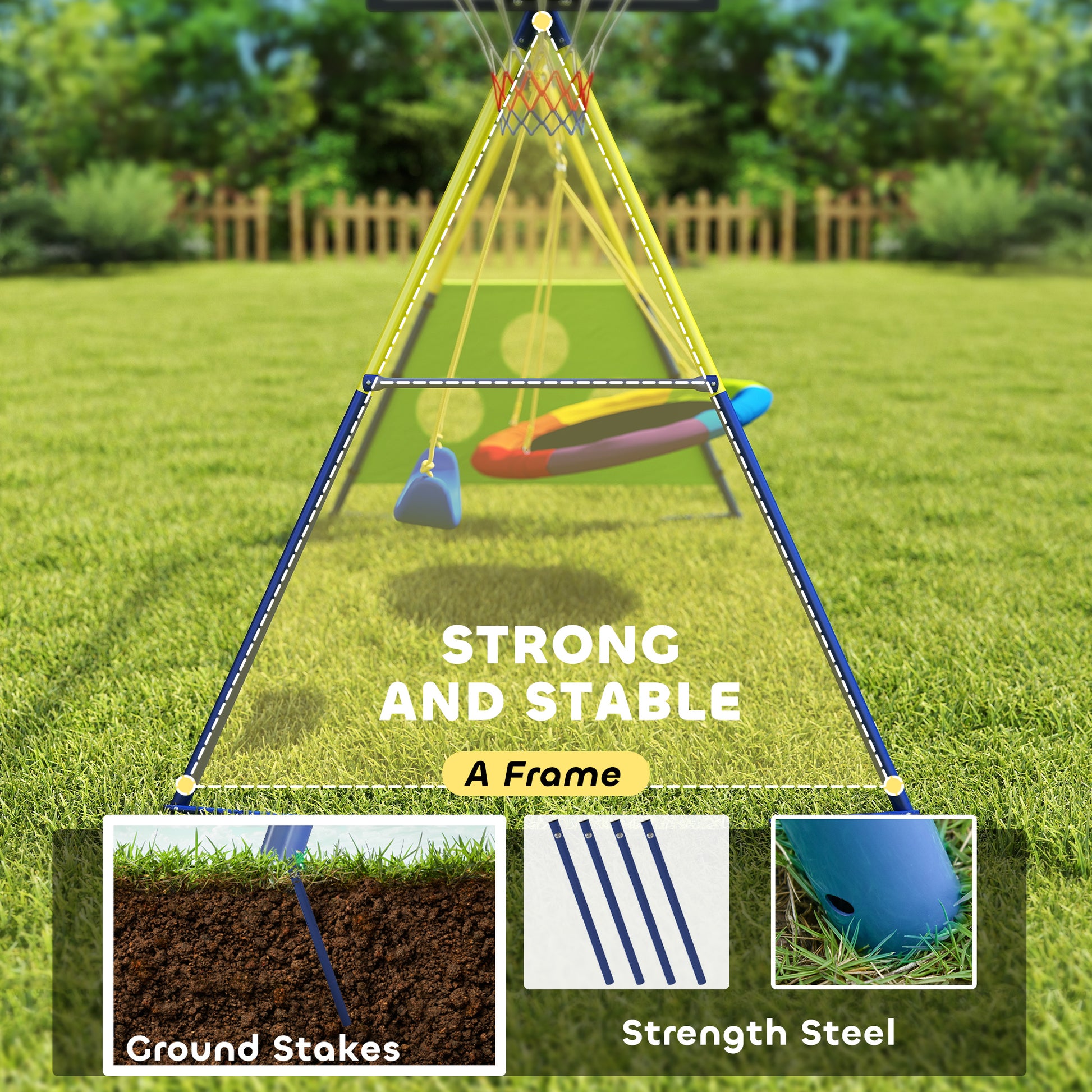 AIYAPLAY 4-in-1 Kids Swing Set with Saucer Swing, Basketball Hoop and Football Goal, Outdoor Playground Playset for Garden