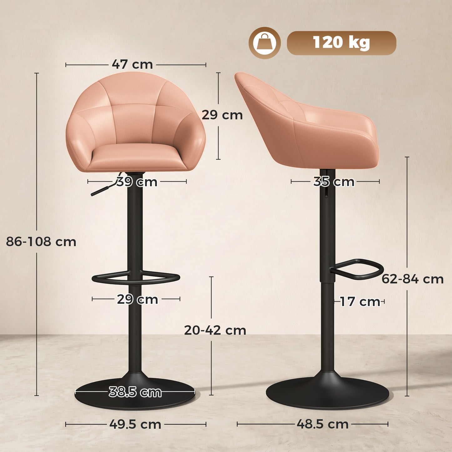 HOMCOM Bar Stools Adjustable Heights Breakfast Bar Stools Backrest Armrests Set of 2, Brown