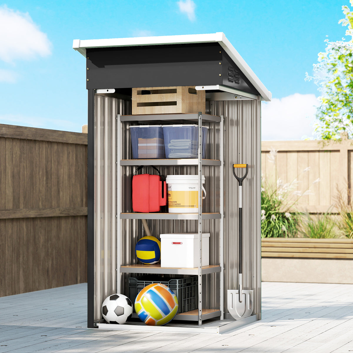 Outsunny 3.5 x 3 ft Outdoor Storage Shed with Sloping Roof, Lockable Door, 2 Vents and Gloves for Garden, Dark Grey