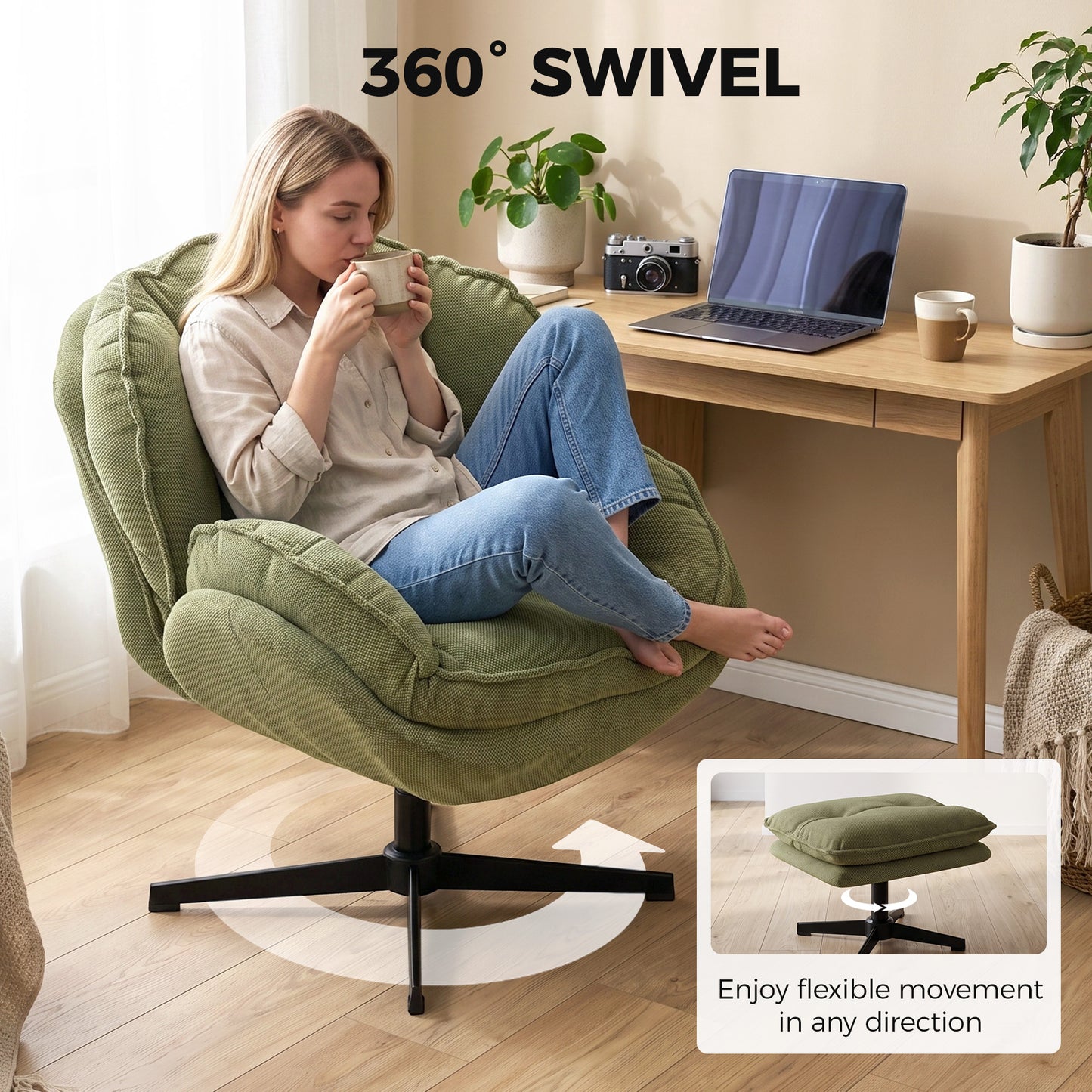 HOMCOM Armchair with Adjustable Footstool, 360Â° Swivel Chenille Cloud Accent Chair with Thick Cushion, Steel Base, Green