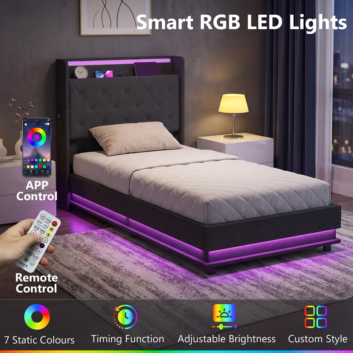 HOMCOM 3ft Single Bed Frame with Headboard, Platform Bed Frame with Hydraulic Storage, LED Lights and Charging Station, Black