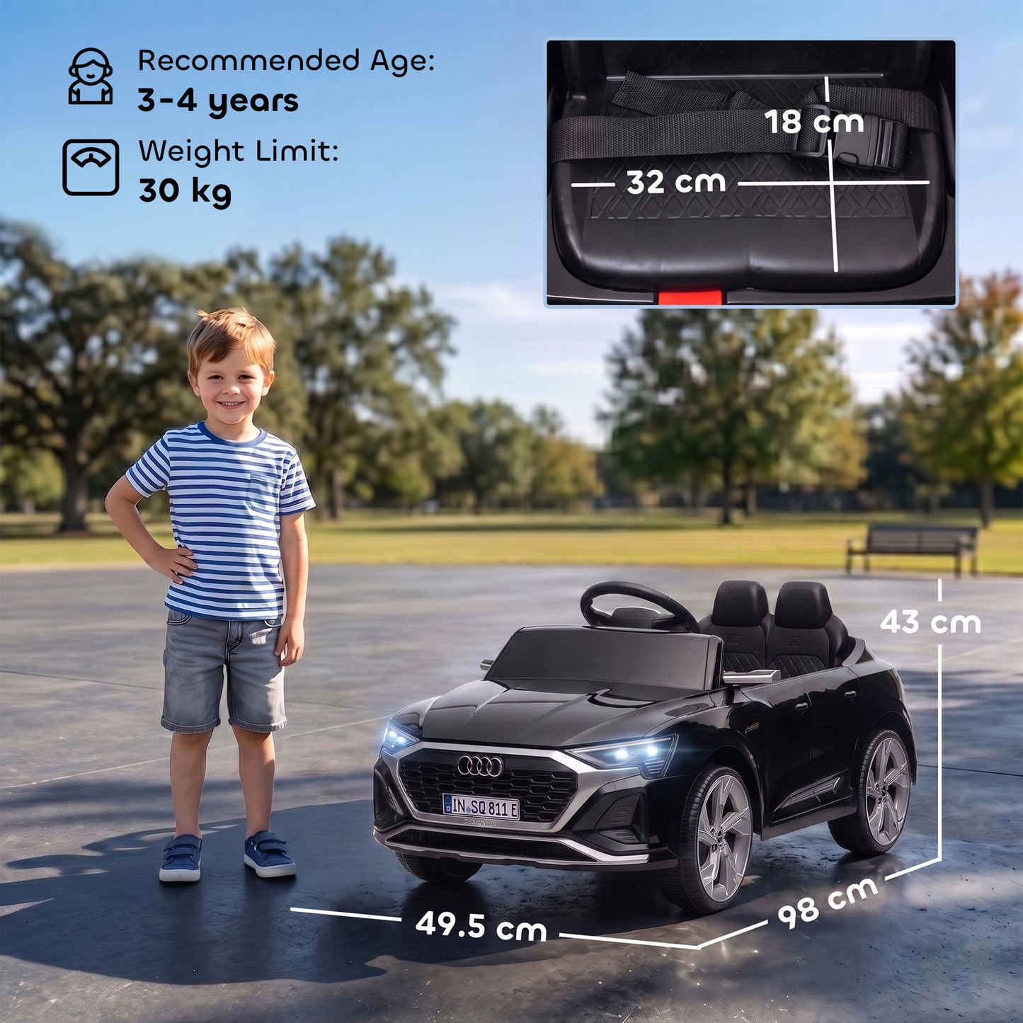 AIYAPLAY Audi Q8 etron Sportback Licensed Ride on Car with Remote Control, Four-Wheel Suspension, Soft Start for Ages 3-4, Black