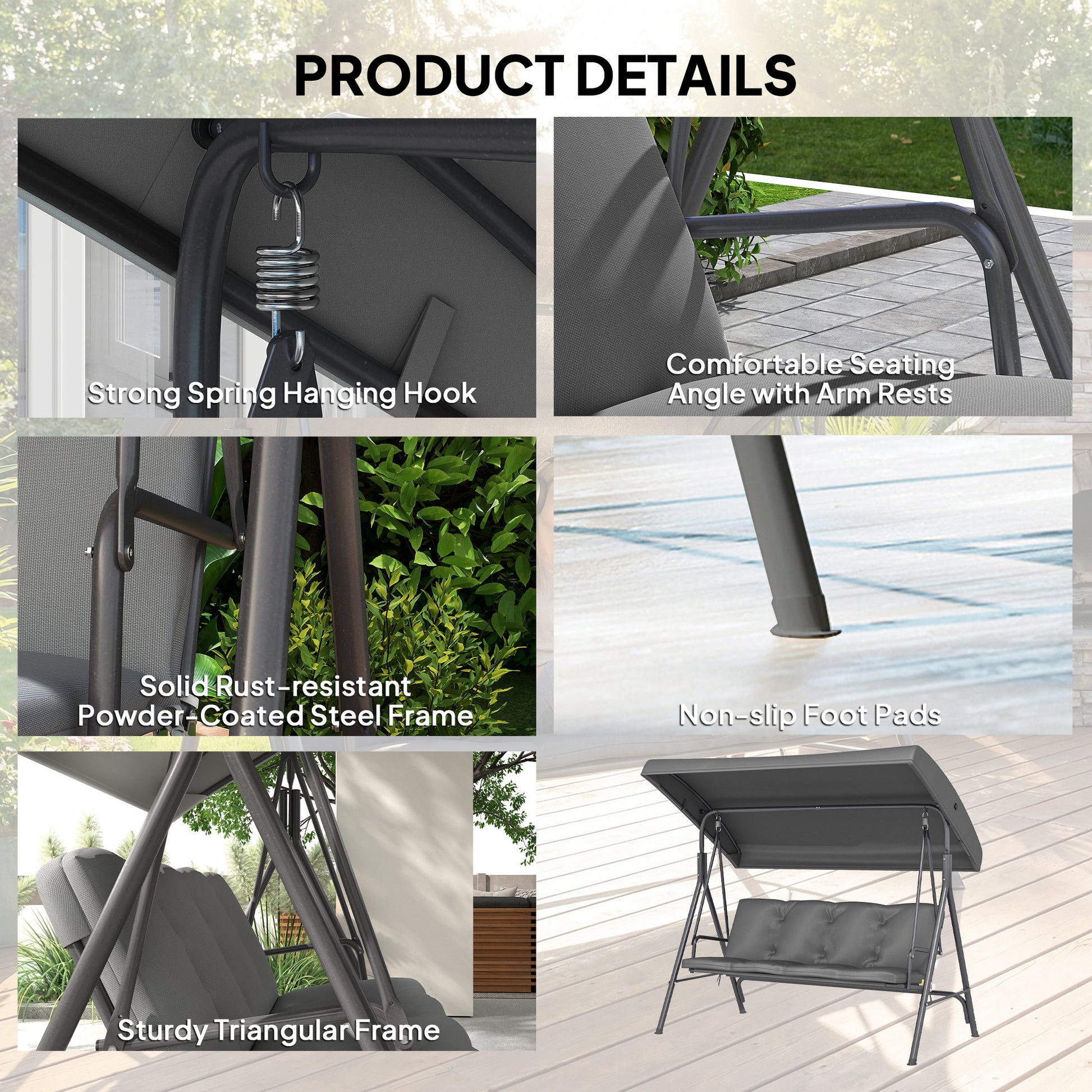 Outsunny 3 Seater Garden Swing Chair, Patio Rocking Bench with Tilting Canopy, Removable Cushion and Steel Frame, Dark Grey