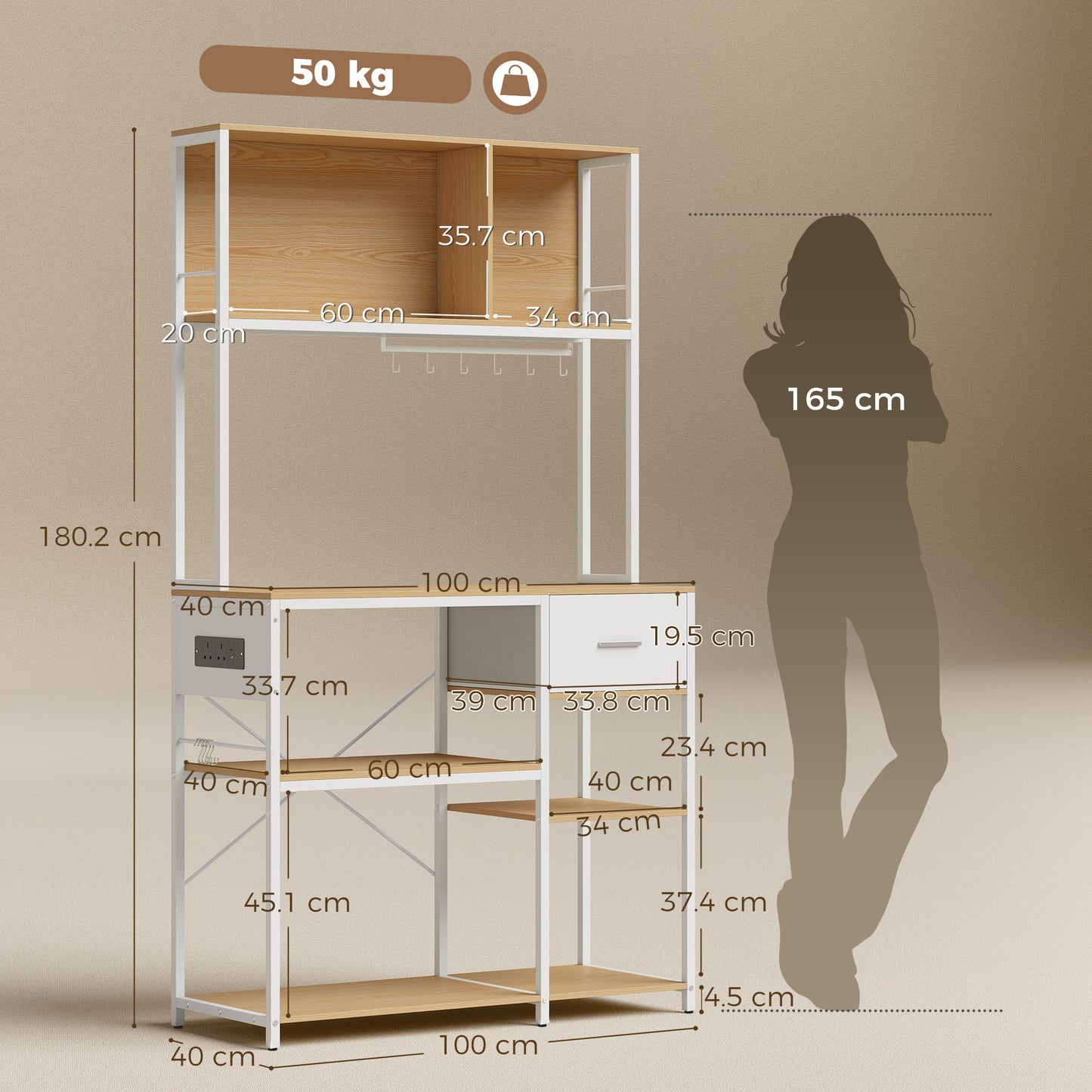 HOMCOM Kitchen Storage Rack with Power Outlet, USB and Type-C Ports, Drawer, Shelves and 4 Hooks, Oak and White