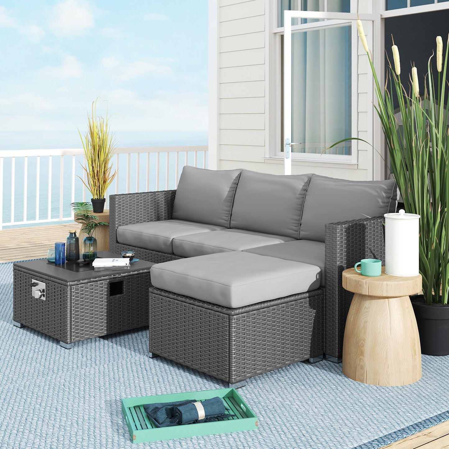 Outsunny Five Piece Rattan Garden Furniture Set with Gas Fire Pit Table and Footstool - Grey