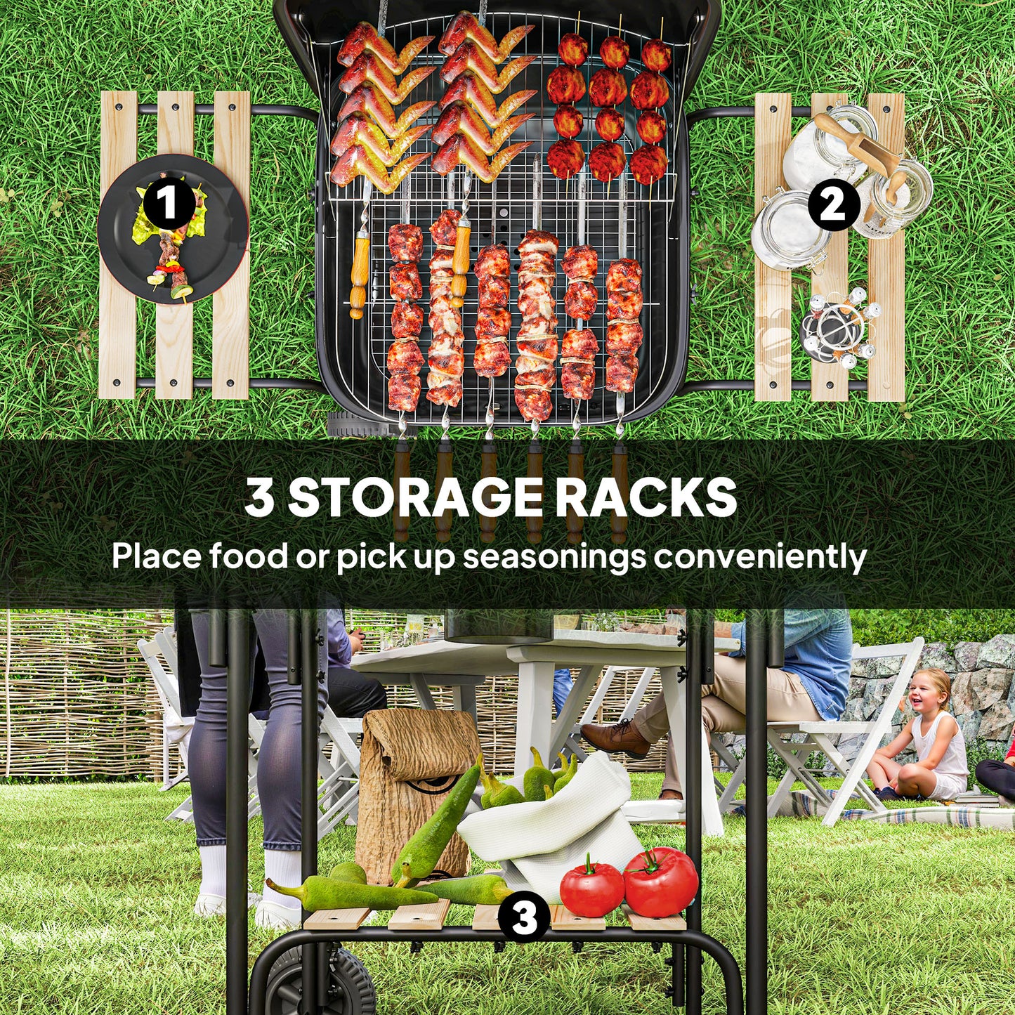 Outsunny Charcoal Barbecue Grill Portable BBQ Grill with 1840 cmÂ² Cooking Area, 3 Shelves, Adjustable Vent, Lockable Lid, Wheels for Outdoor Cooking, Garden Party, Black