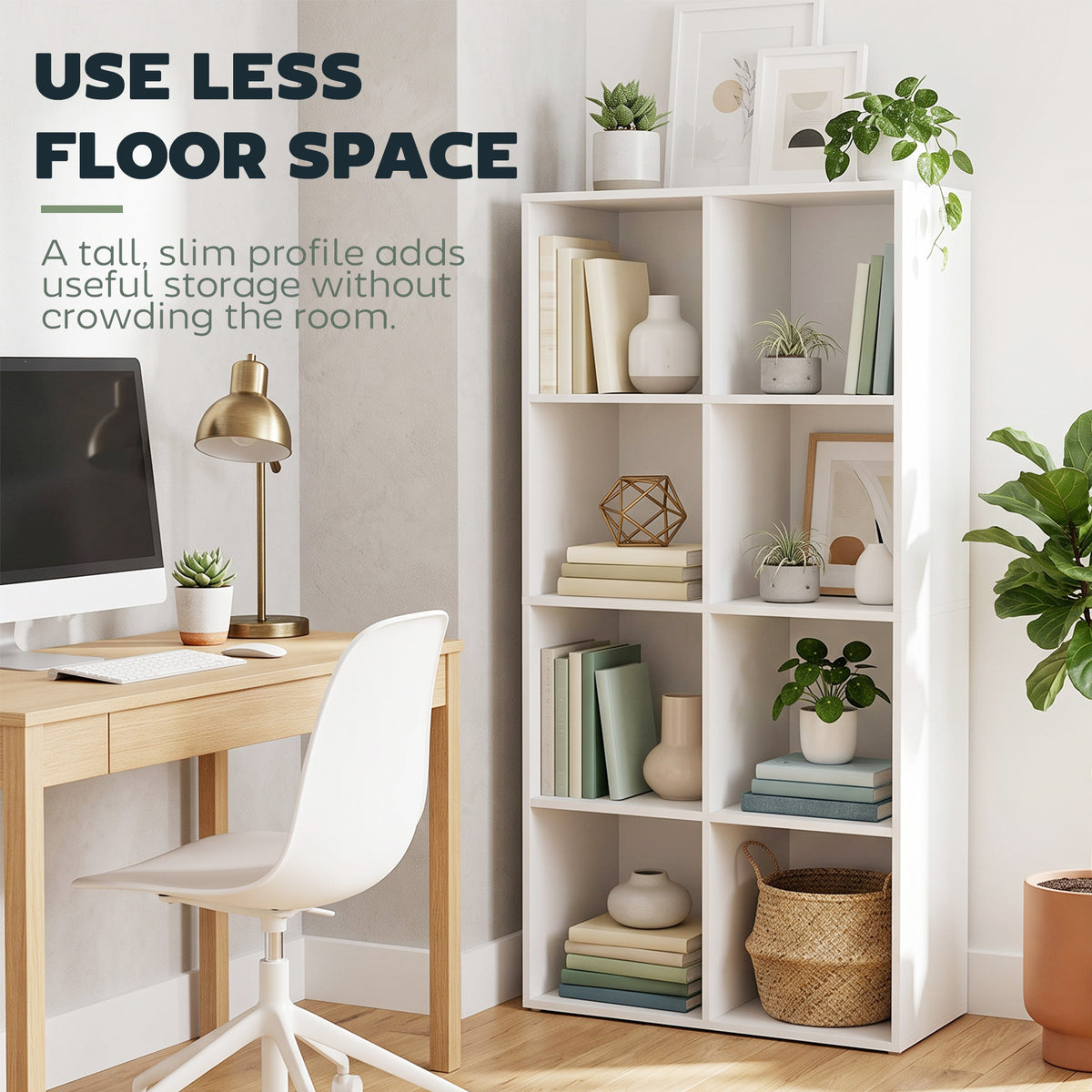 HOMCOM Bookcase with 8 Cubes, 60 x 30 x 121 cm Display Shelf with Anti-Tipping Design, White Wood-Effect