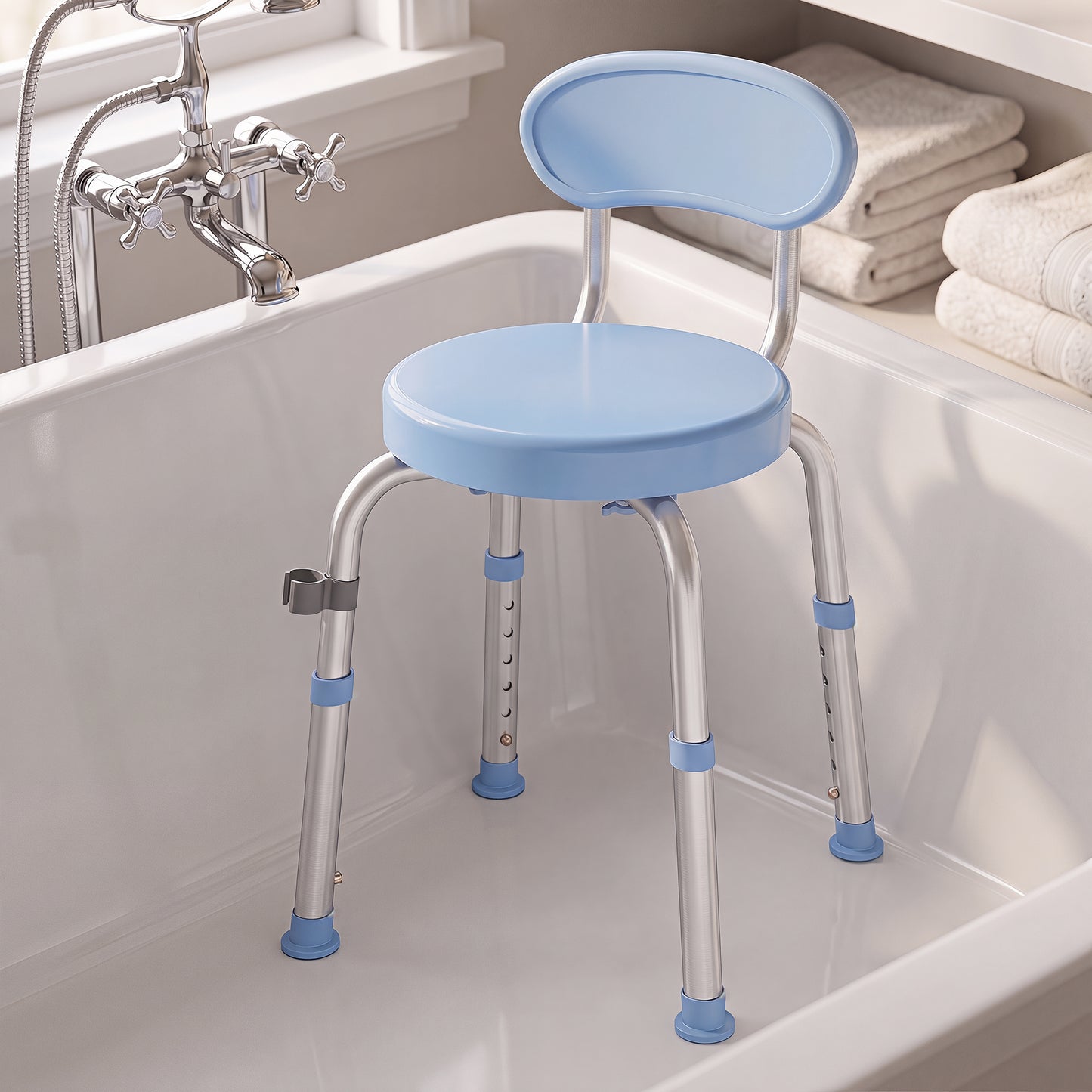 HOMCOM 360Â° Swivel Shower Stool with Aluminium Frame, 5-Level Adjustable Height, Backrest, Non-Slip Shower Chair for Elderly