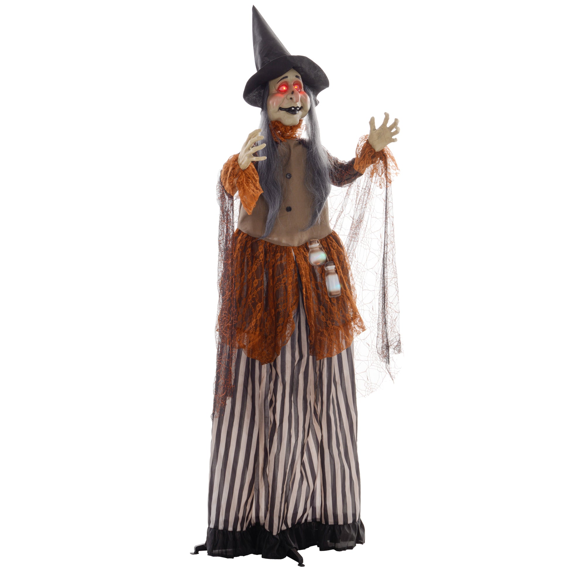 HOMCOM 183 cm Life Size Halloween Animated Standing Fat-Faced Witch with Red Light Up Eyes, Sound Activated Moving Arms & Head, Scary Witch Halloween Decorations, Battery Operated, Indoor Party Props Default Title