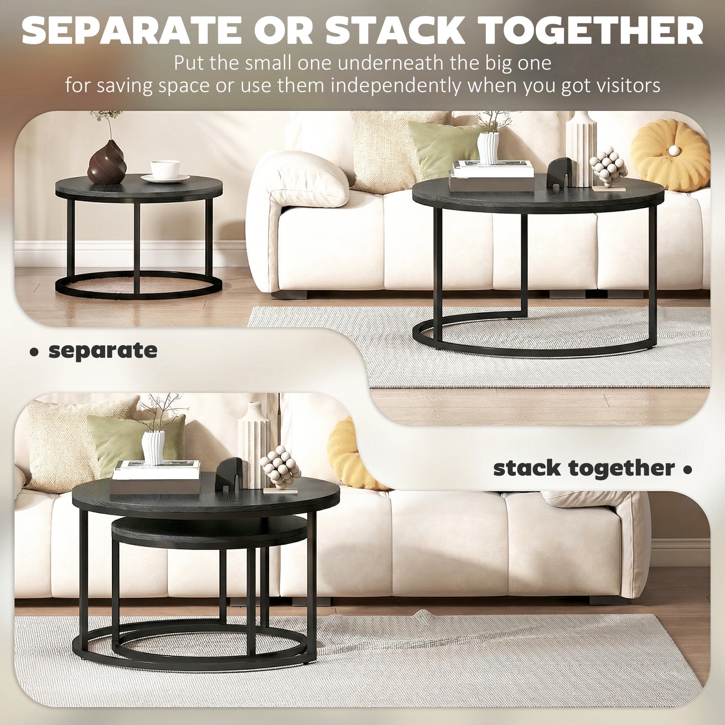 HOMCOM Set of Two Wood-Effect Stacking Tables - Black Wood Grain