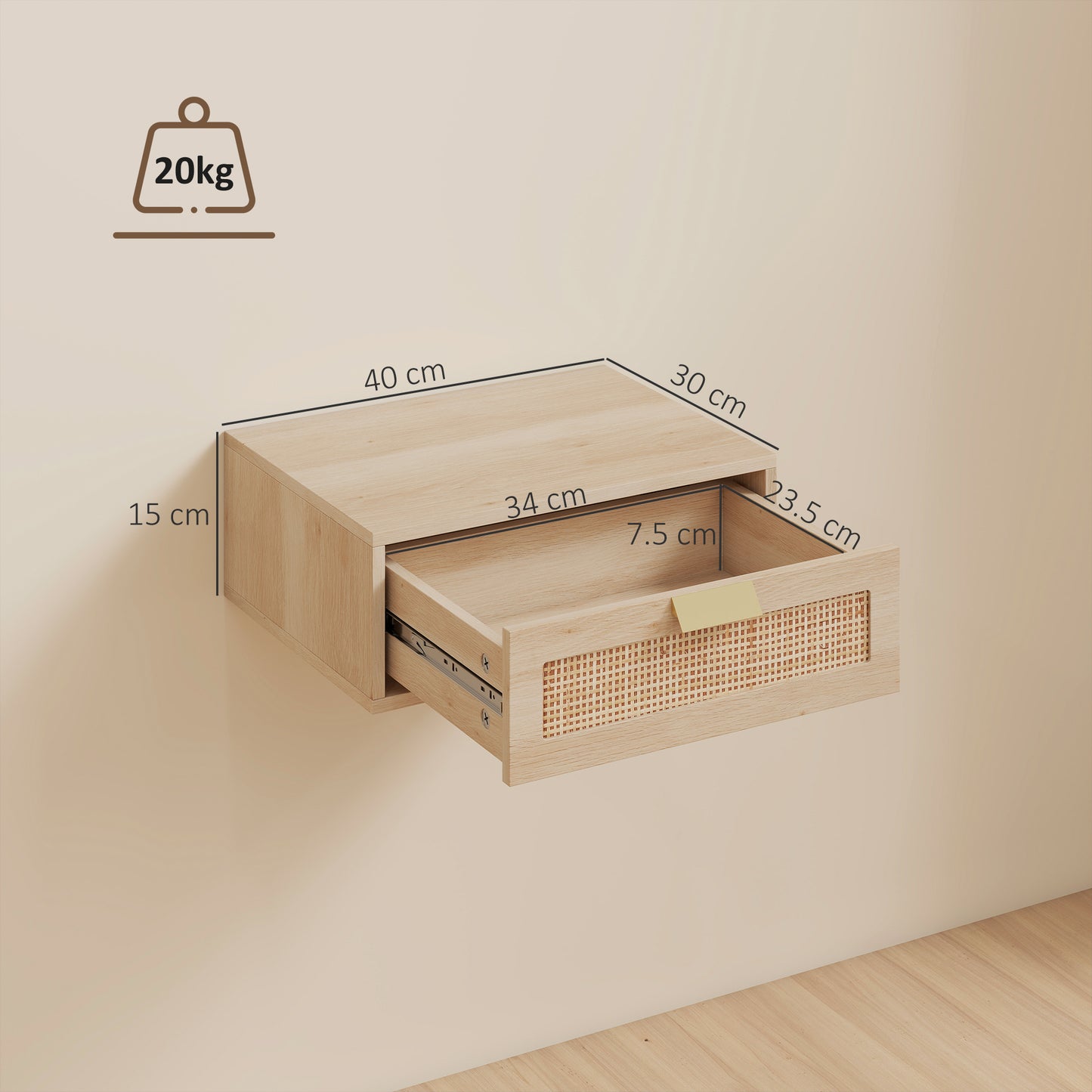HOMCOM Floating Bedside Tables Set of 2, Wall Mounted Bedside Cabinets with Rattan Drawer and Wood Effect, Oak