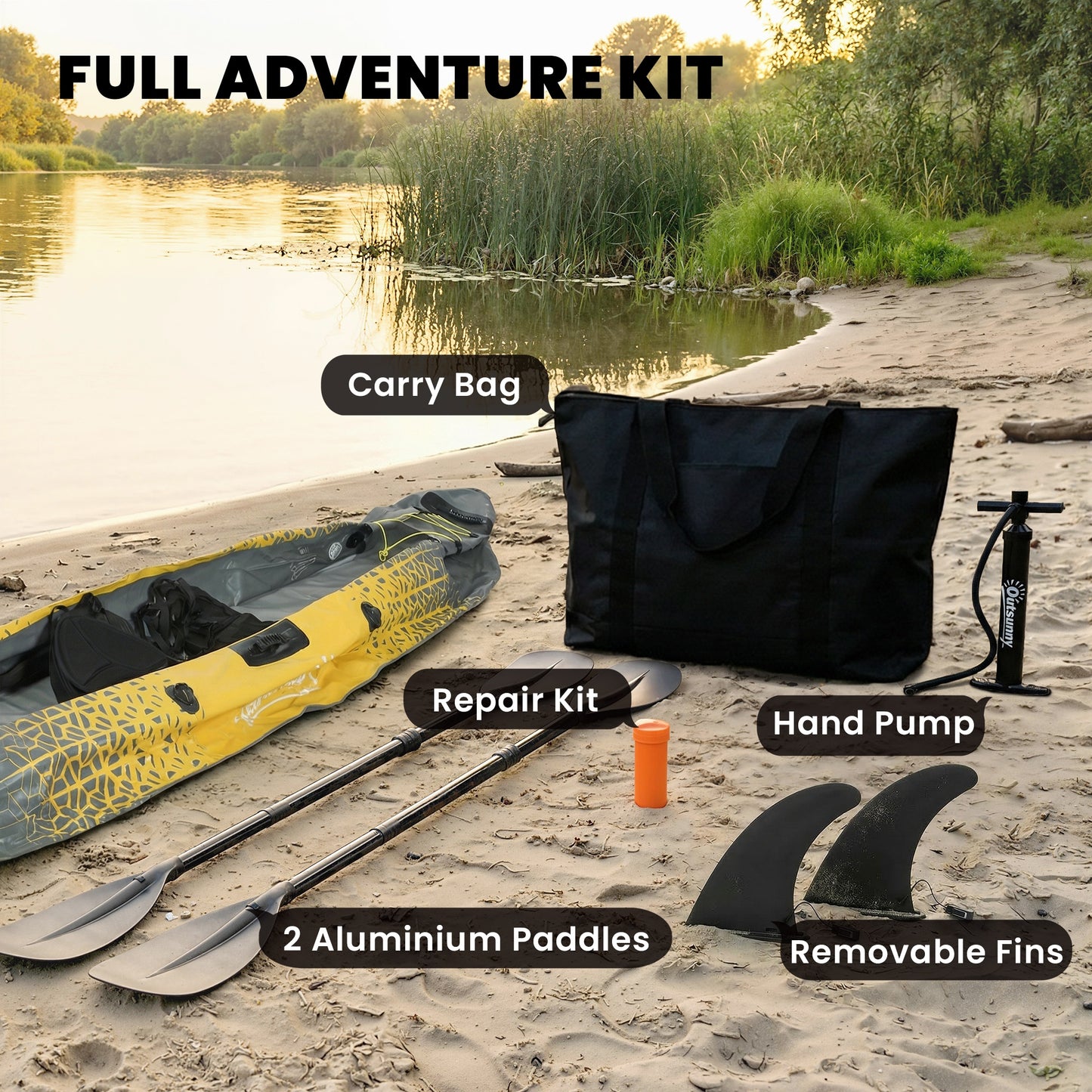 Outsunny 12.5' Inflatable Kayak Set, 2-person Sit on Canoe with Aluminium Oars, Grey and Yellow