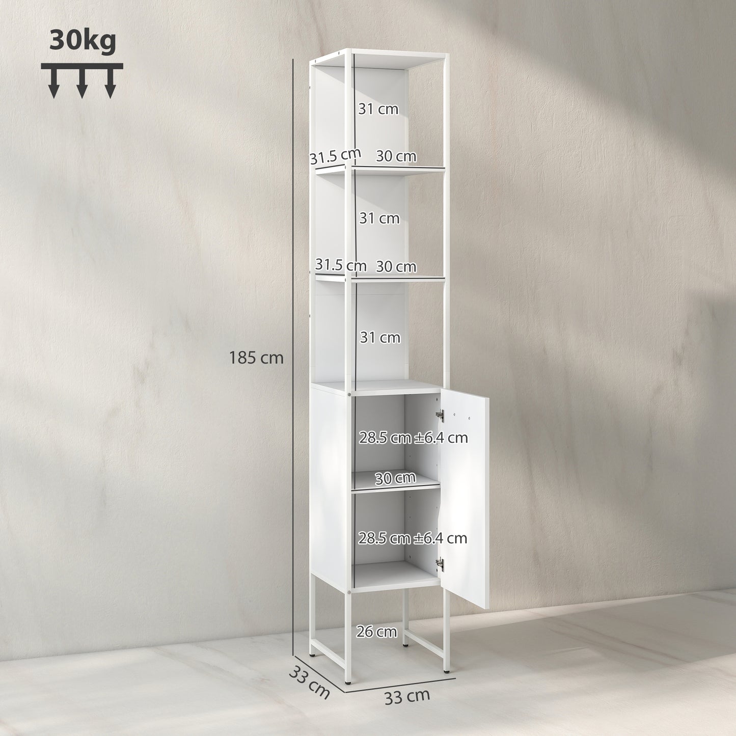 HOMCOM Tall Bathroom Cabinet with Open Shelves and Adjustable Shelf - White