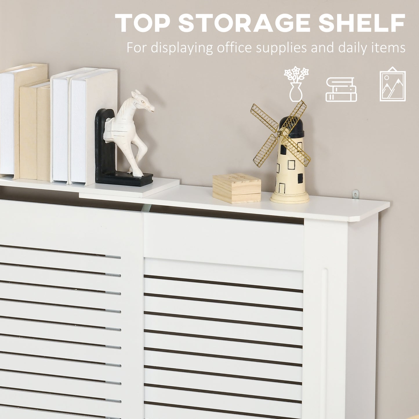 HOMCOM Set of 2 MDF Extendable Radiator Cover with Cabinet Shelving, Home Office Slatted Design, White 139-208.5L x 20.5W x 82.5H cm
