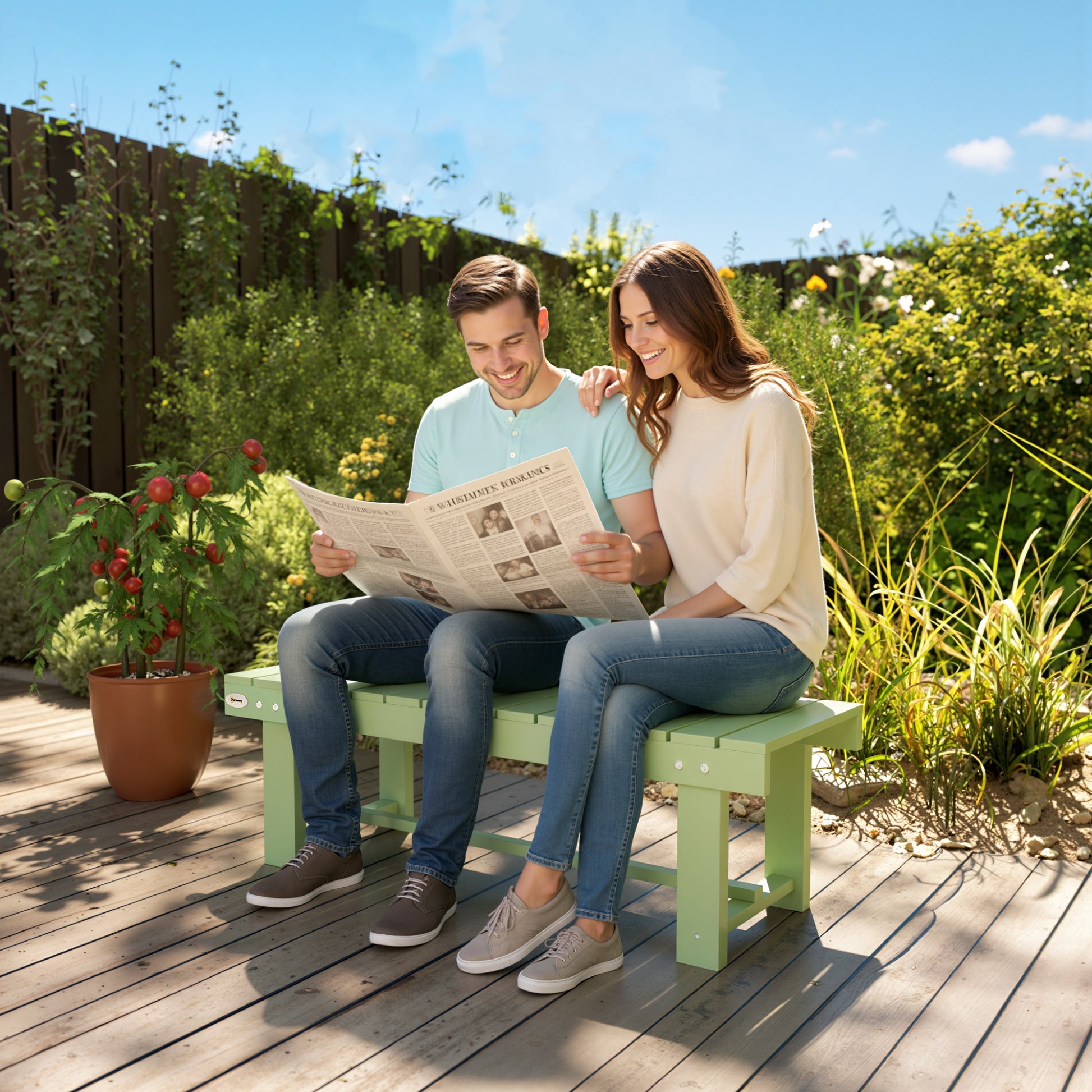 Outsunny Wooden Garden Bench, Backless Outdoor Loveseat with Slatted Seat, Light Green