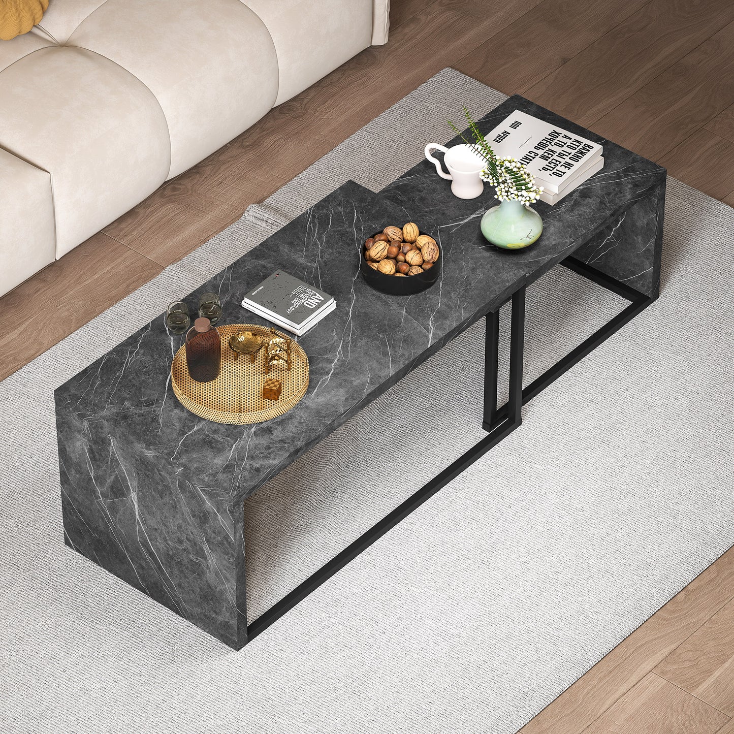 HOMCOM Coffee Tables Set of 2, Industrial Nest of Tables with Metal Frame for Living Room Bedroom, Dark Grey Marble Effect