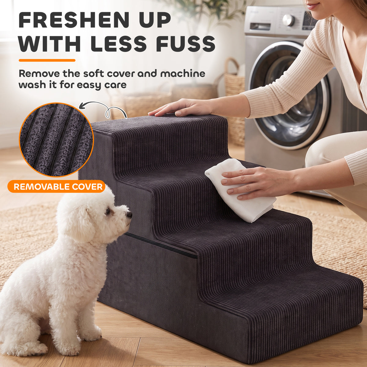 PawHut Dog Steps, 4-Step Dog Stairs for Bed and Sofa, Pet Stairs with Carry Handle, Washable Cover