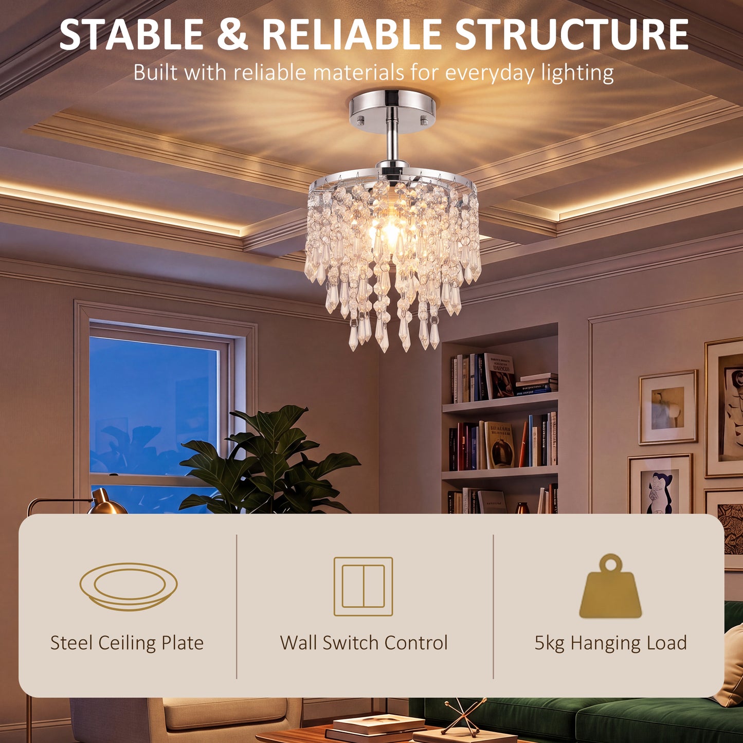 HOMCOM Crystal Ceiling Light with 57 Crystal Strands, Ceiling Light with Mounting Plate for Hallway, Silver Tone