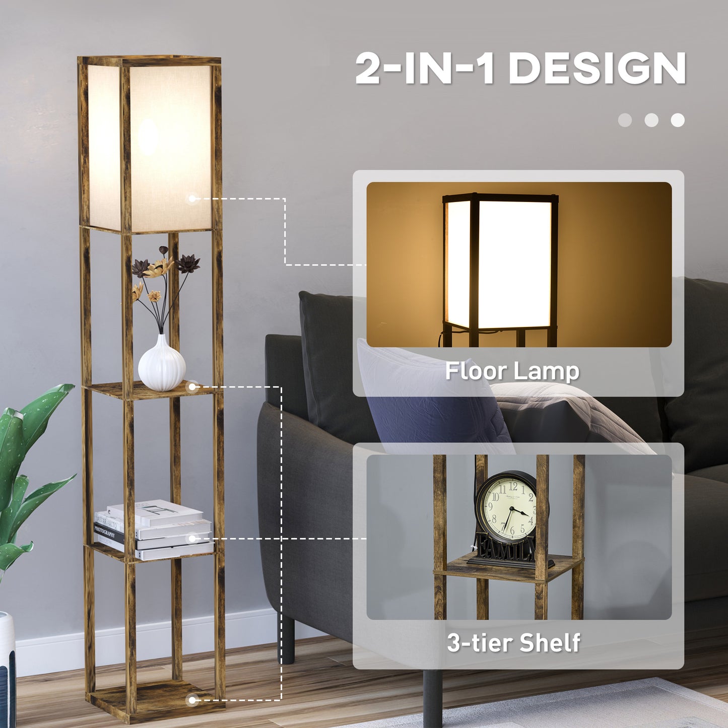 HOMCOM 3-Tier Floor Lamp, Floor Light with Storage Shelf, Reading Standing Lamp with Acrylic Shade for Living Room, Bedroom, Kitchen, Dining Room, Office, Dorm, 160cm, Brown