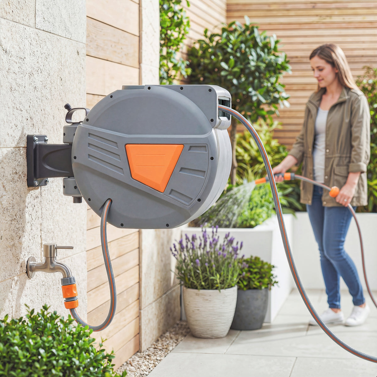 Outsunny Retractable Hose Reel Wall Mounted, 20+1.6m Garden Hose Pipe Reel with Auto Retraction, Self-Locking, Orange