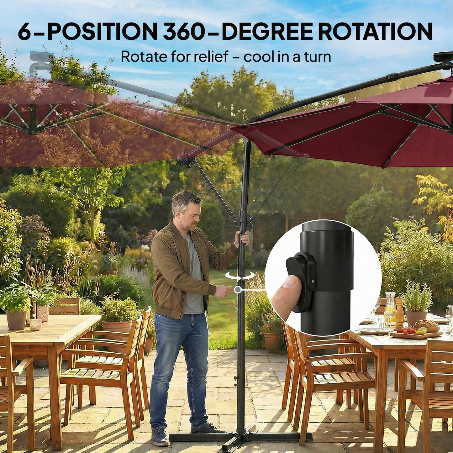 Outsunny 3 m Garden Cantilever Parasol with LED Solar Light, Round Overhanging Umbrella with 360Â° Rotation, Cover, Wine Red
