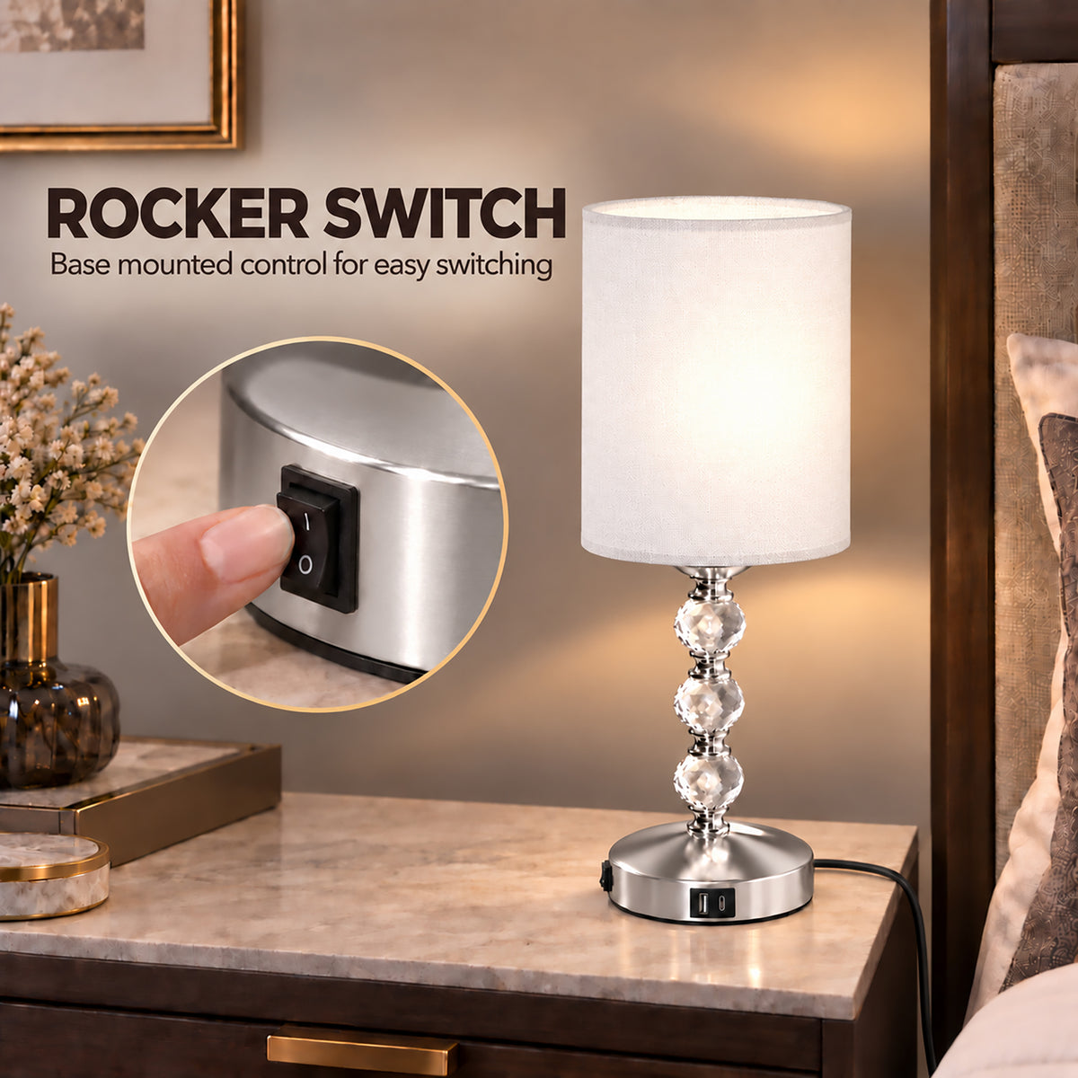 HOMCOM Bedside Lamp, Modern Crystal Decoration Table Lamp w/ PVC shade, USB A+C Charging Ports, Bulb Not Included, Silver Tone