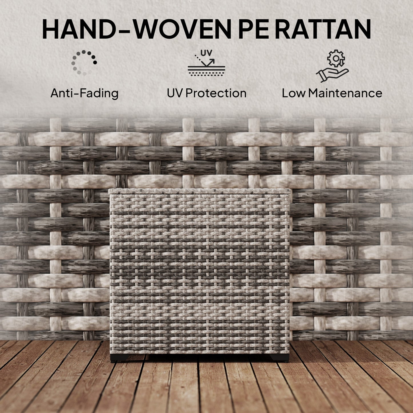 Outsunny 253L Garden Storage Box, Rattan Deck Box with Zipped Liner, Safe Pneumatic Rod, Patio Storage Container, Mixed Grey