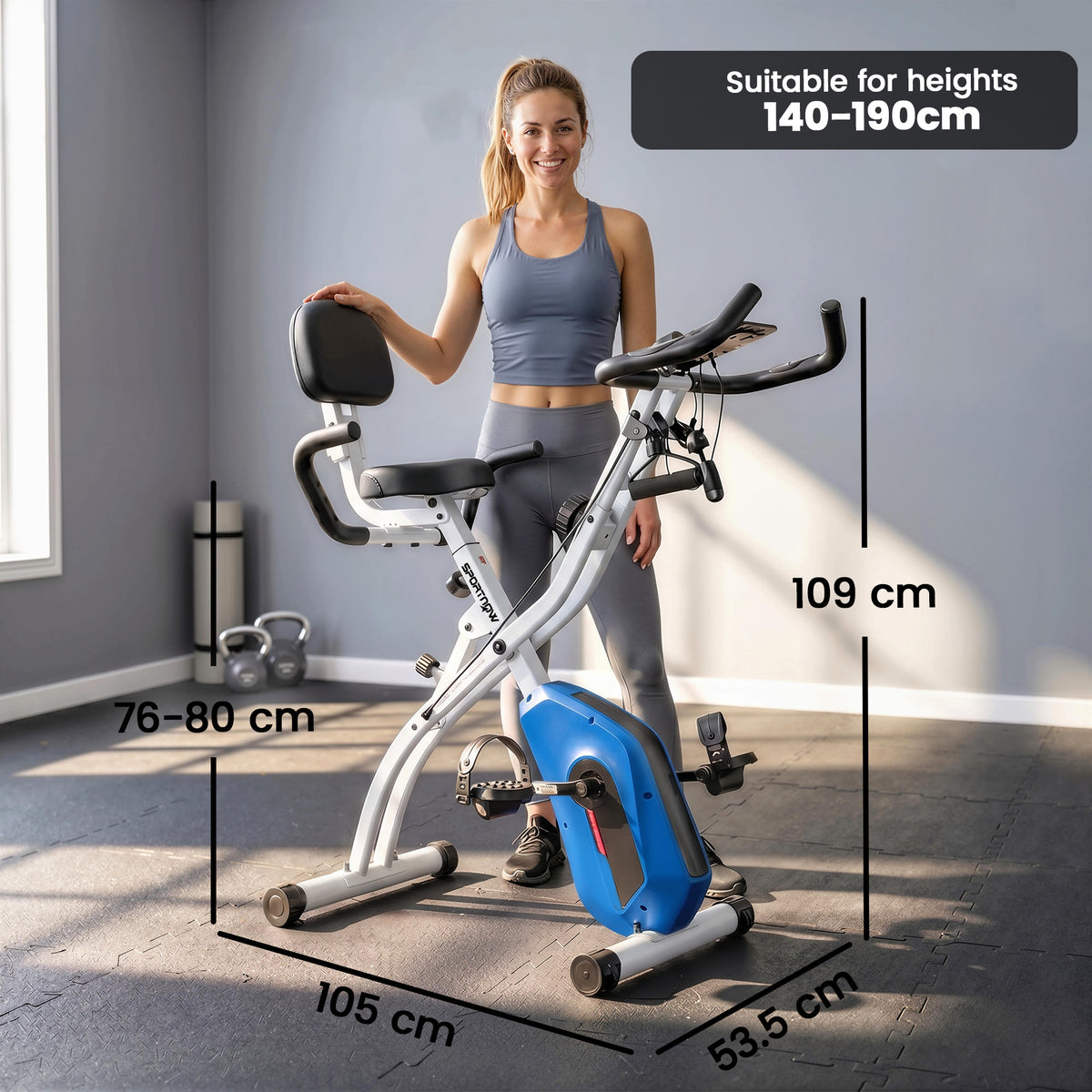 SPORTNOW 4-In-1 Folding Exercise Bike with Resistance Bands, Bluetooth App, 8-Level Magnetic Resistance, LCD Display, Blue