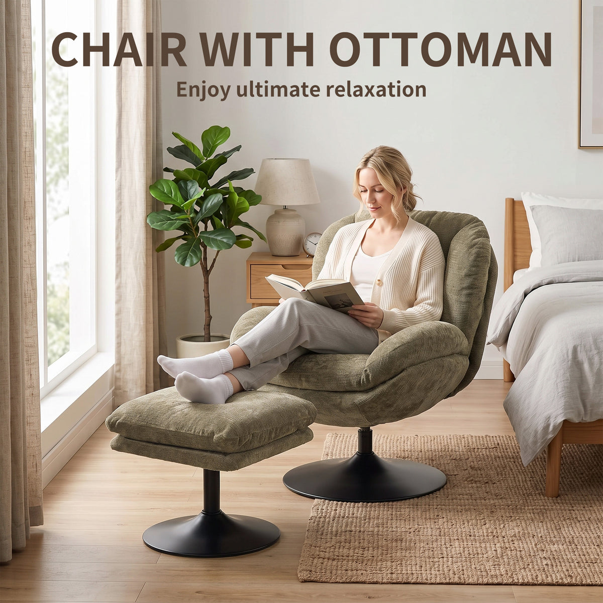 HOMCOM Modern Chenille Lazy Chair with Ottoman, 360Â° Swivel, Upholstered Reading Seat Set for Living Room, Dark Green