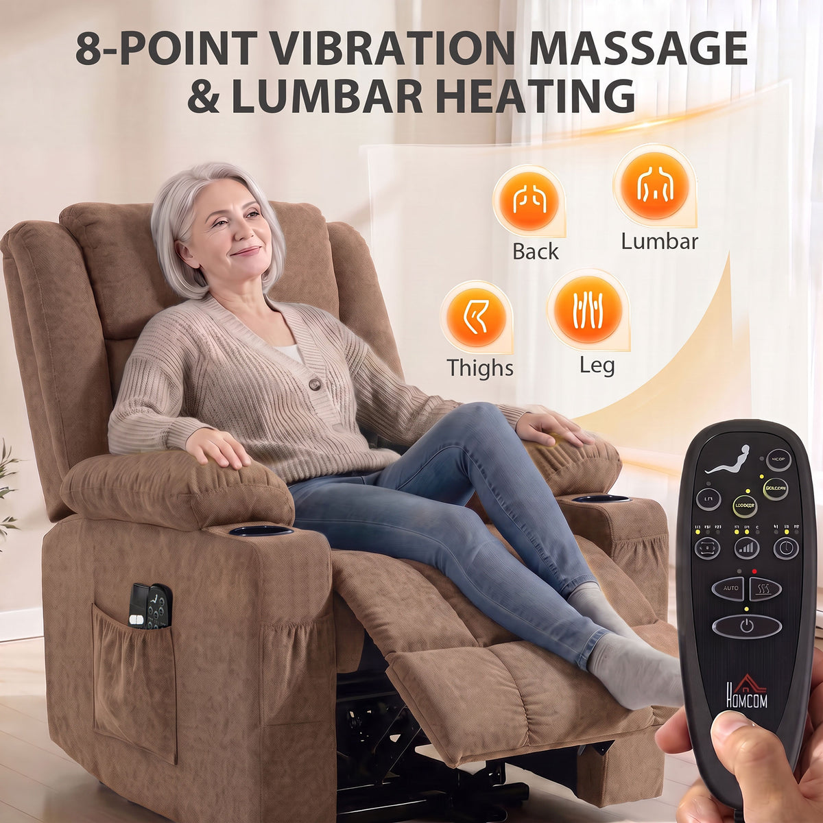 HOMCOM Dual Motor Recliner Chair, 55Â° Electric Lift Chair for Elderly, Recliner Armchair with Massage and Heat, Brown