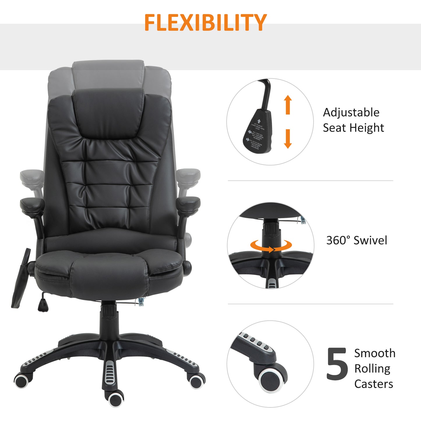 HOMCOM 6-Point Massage Office Chair with Seat Heated for Home Office, PU Leather High Back Executive Desk Chair with Adjustable Height and 360Â° Swivel for Work Study, Black