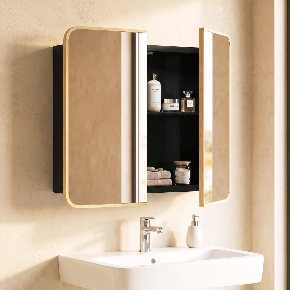 HOMCOM Bathroom Medicine Mirror Cabinet, Bathroom Wall Cabinet with Storage, Magnetic Doors and Adjustable Shelf, Natural