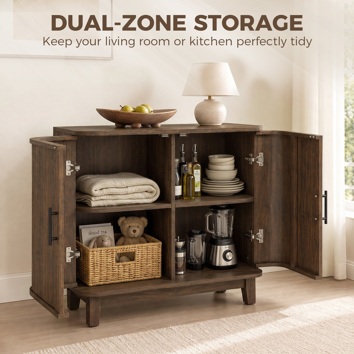 HOMCOM Sideboard Buffet Cabinet, Storage Cabinet with 2 Curved Doors, Adjustable Shelf and Legs for Dining Room, Dark Walnut