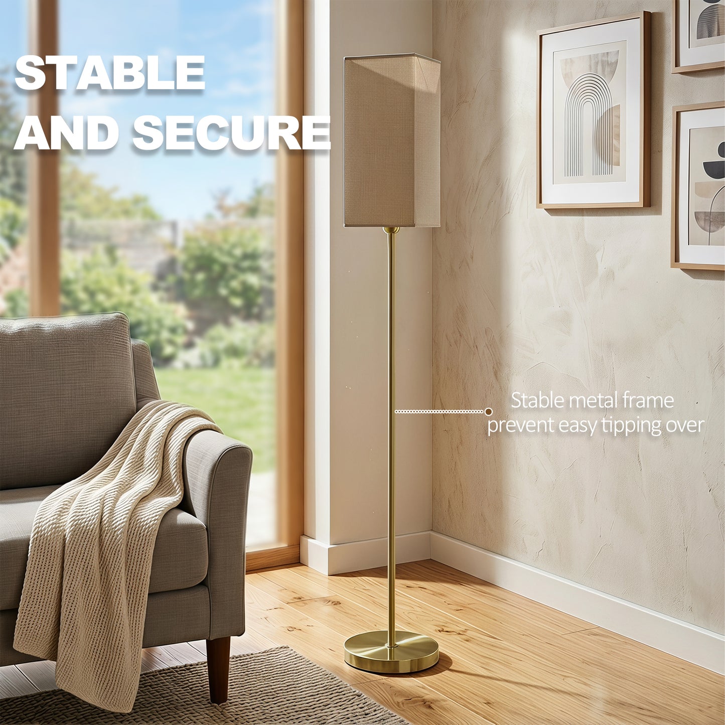 HOMCOM Floor Lamp, Modern Standing Lamp with Linen Shade and Foot Switch, Tall Lamps for Bedroom, Bulb not Included, Gold Tone
